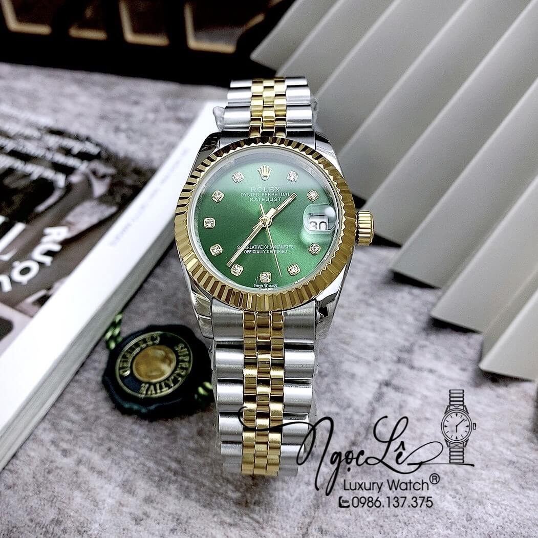 Đồng Hồ Nữ Rolex Datejust Automatic Dây Kim Loại Demi Vàng Mặt Xanh Niềng Khía Size 31mm