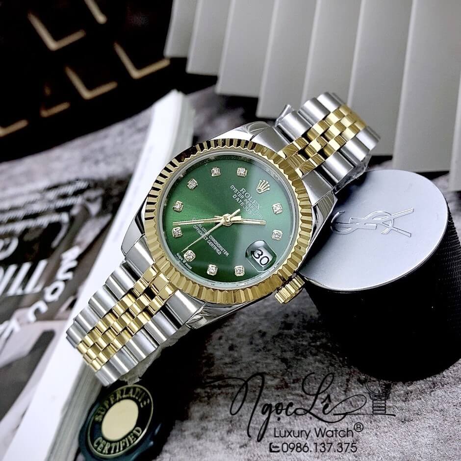 Đồng Hồ Nữ Rolex Datejust Automatic Dây Kim Loại Demi Vàng Mặt Xanh Niềng Khía Size 31mm