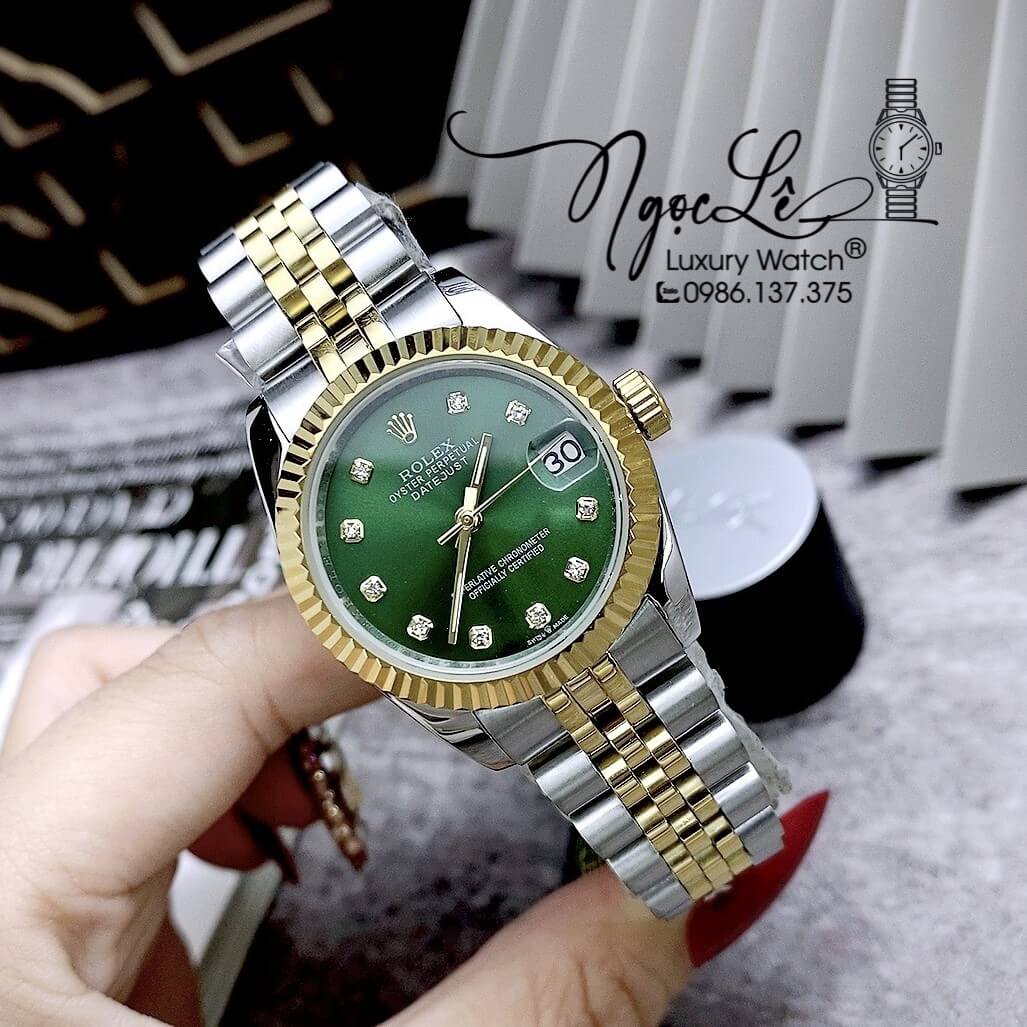 Đồng Hồ Nữ Rolex Datejust Automatic Dây Kim Loại Demi Vàng Mặt Xanh Niềng Khía Size 31mm