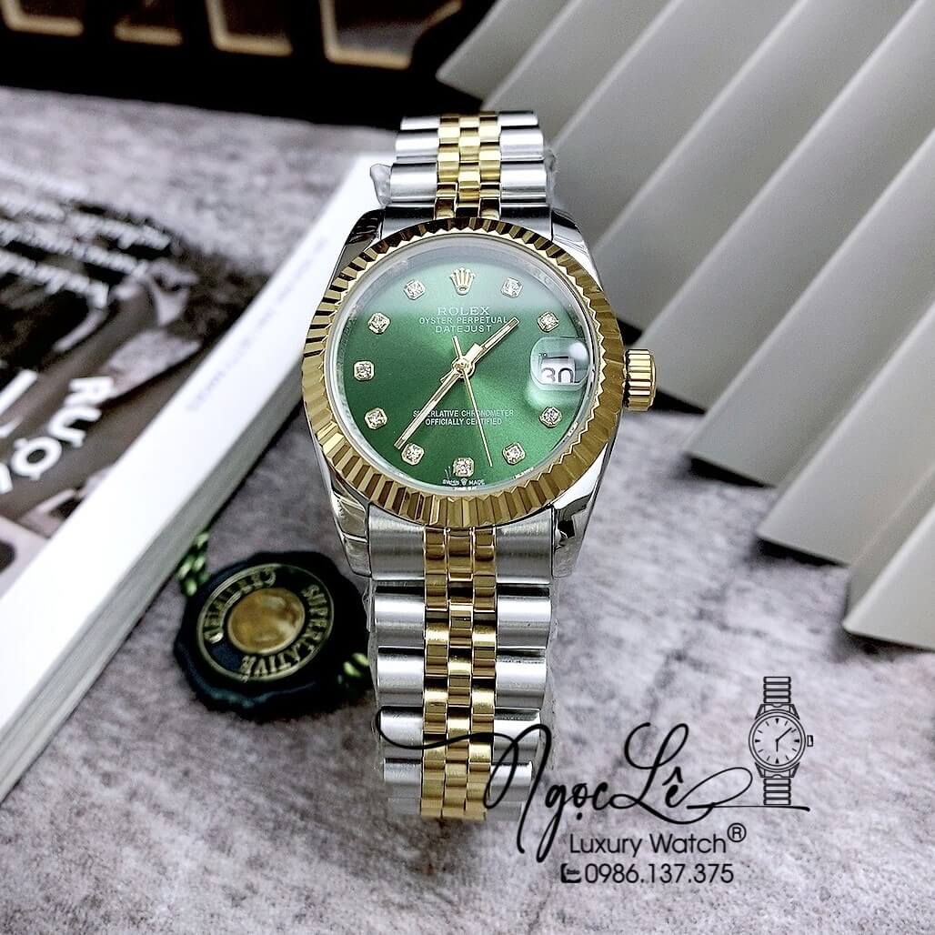 Đồng Hồ Nữ Rolex Datejust Automatic Dây Kim Loại Demi Vàng Mặt Xanh Niềng Khía Size 31mm