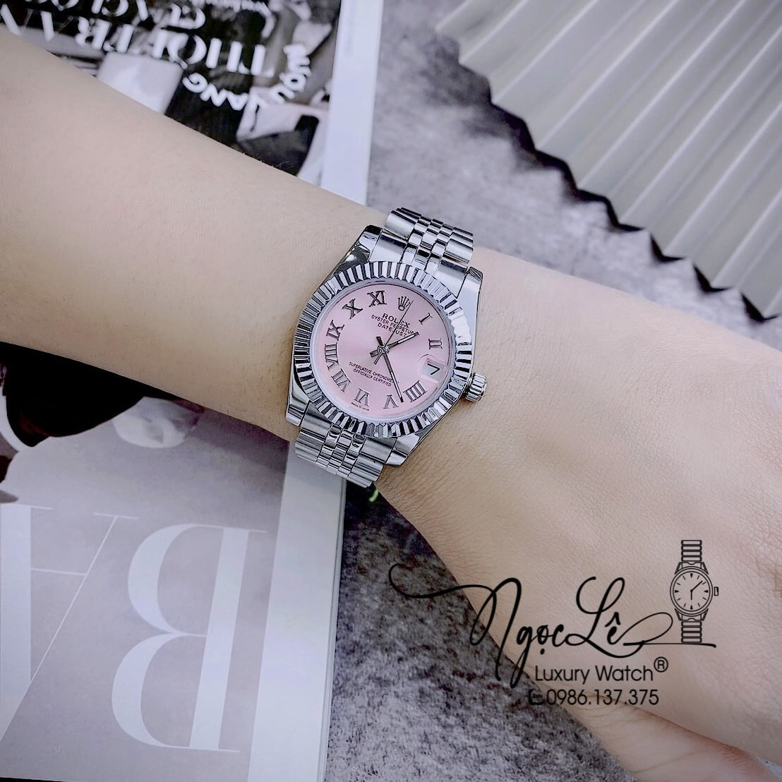 Đồng Hồ Nữ Rolex Datejust Automatic Dây Kim Loại Bạc Mặt Hồng Niềng Khía Size 31mm