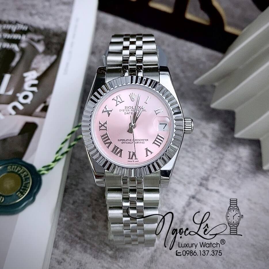 Đồng Hồ Nữ Rolex Datejust Automatic Dây Kim Loại Bạc Mặt Hồng Niềng Khía Size 31mm