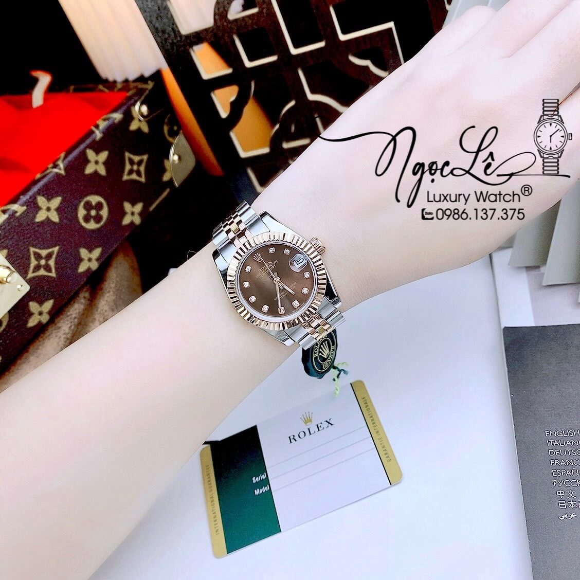 Đồng Hồ Nữ Rolex Datejust Automatic Dây Kim Loại Demi Rose Mặt Nâu Niềng Khía Size 31mm