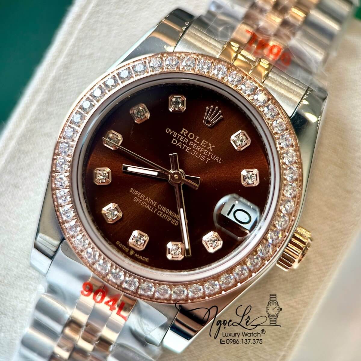 Đồng Hồ Rolex Datejust Nữ Tự Động Dây Kim Loại Demi Rose Mặt Nâu Đính Đá Size 31mm