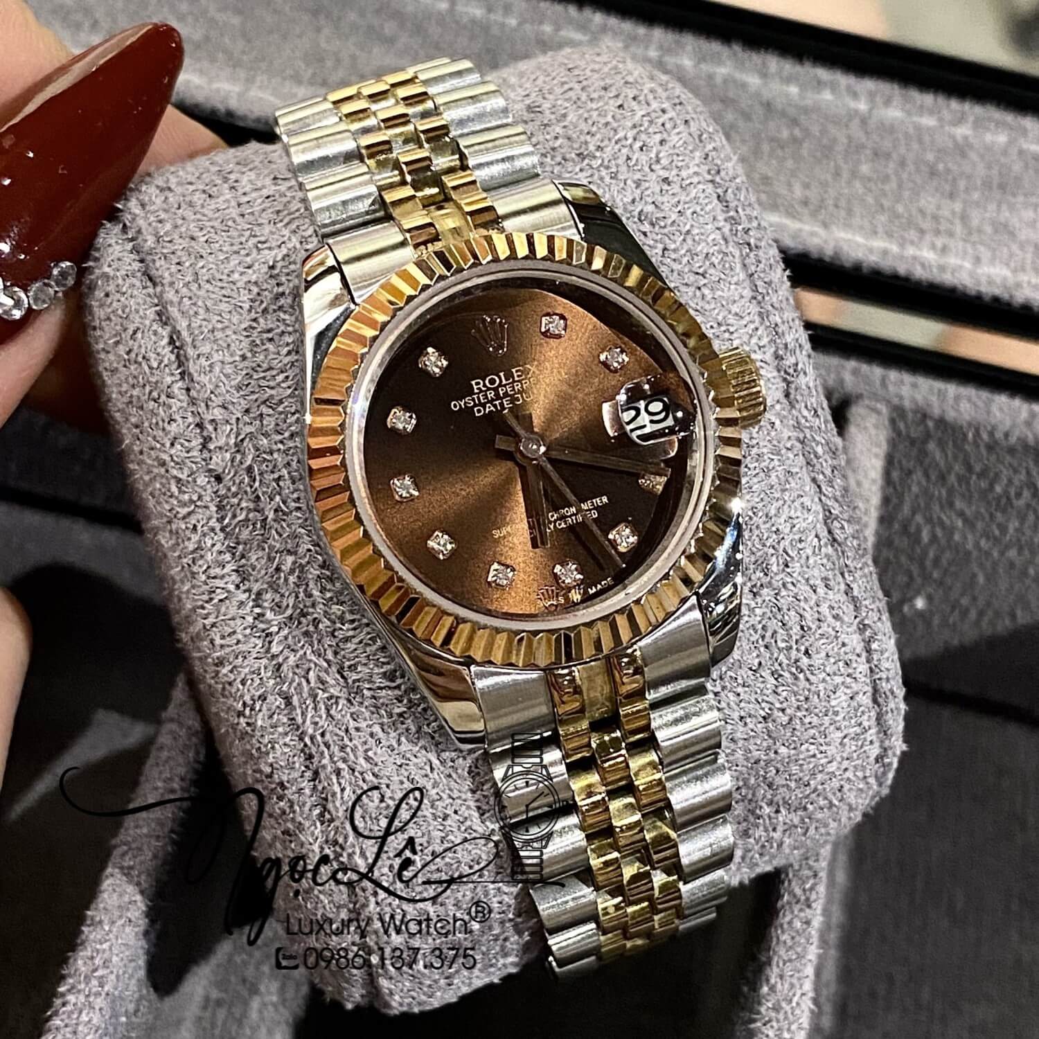 Đồng Hồ Nữ Rolex Datejust Automatic Dây Kim Loại Demi Rose Mặt Nâu Niềng Khía Size 31mm