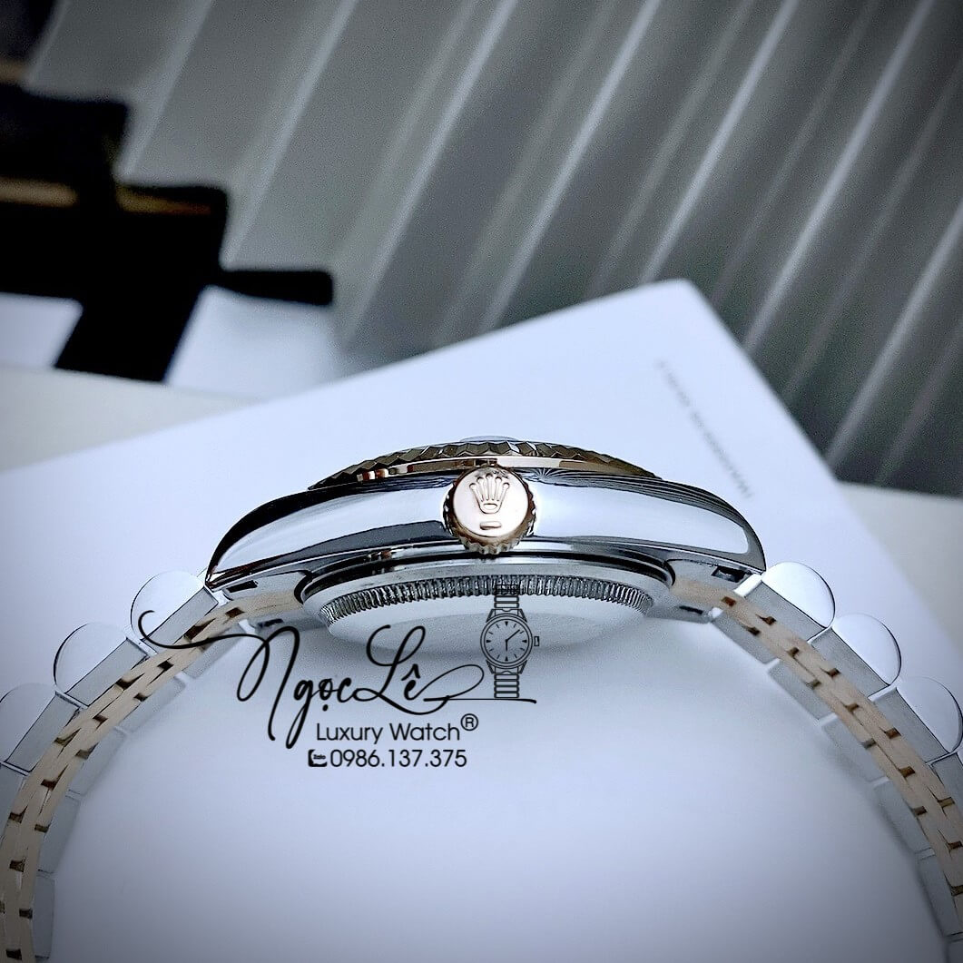 Đồng Hồ Nữ Rolex Datejust Automatic Dây Kim Loại Demi Rose Mặt Nâu Niềng Khía Size 31mm