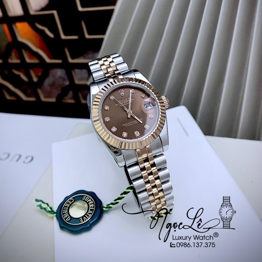 Đồng Hồ Nữ Rolex Datejust Automatic Dây Kim Loại Demi Rose Mặt Nâu Niềng Khía Size 31mm