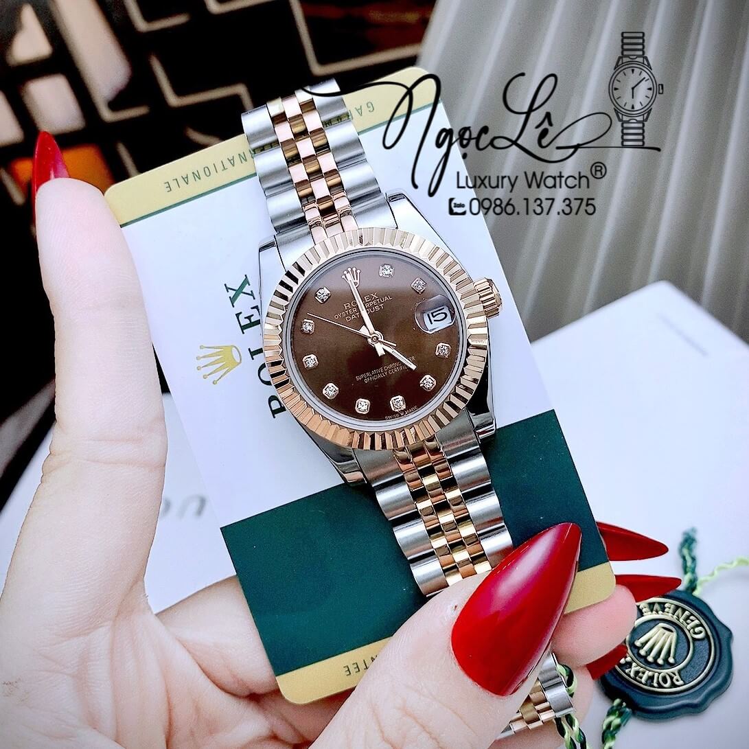 Đồng Hồ Nữ Rolex Datejust Automatic Dây Kim Loại Demi Rose Mặt Nâu Niềng Khía Size 31mm