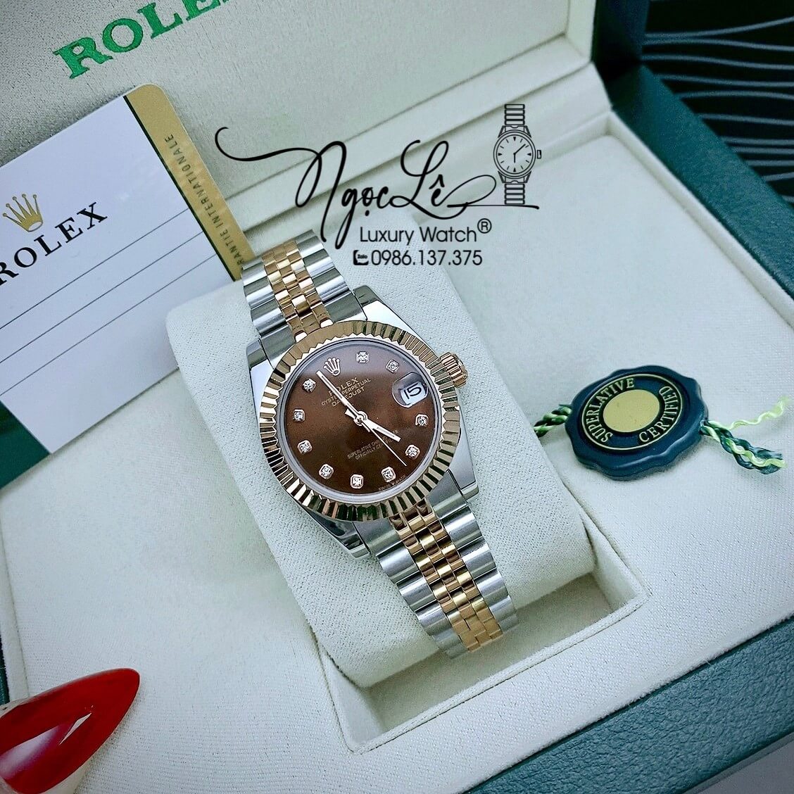 Đồng Hồ Nữ Rolex Datejust Automatic Dây Kim Loại Demi Rose Mặt Nâu Niềng Khía Size 31mm