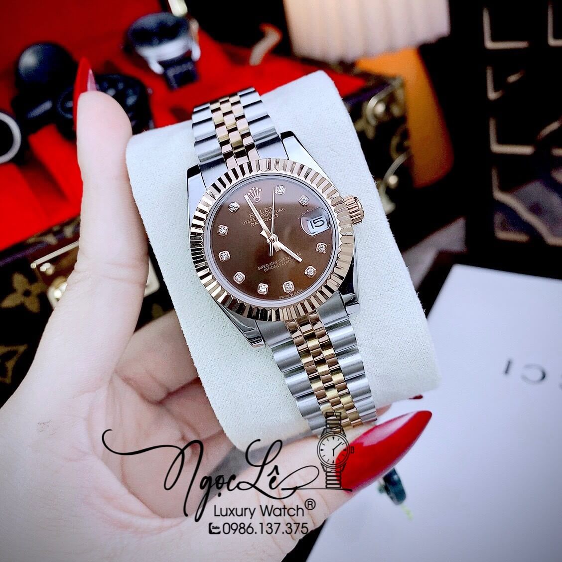 Đồng Hồ Nữ Rolex Datejust Automatic Dây Kim Loại Demi Rose Mặt Nâu Niềng Khía Size 31mm