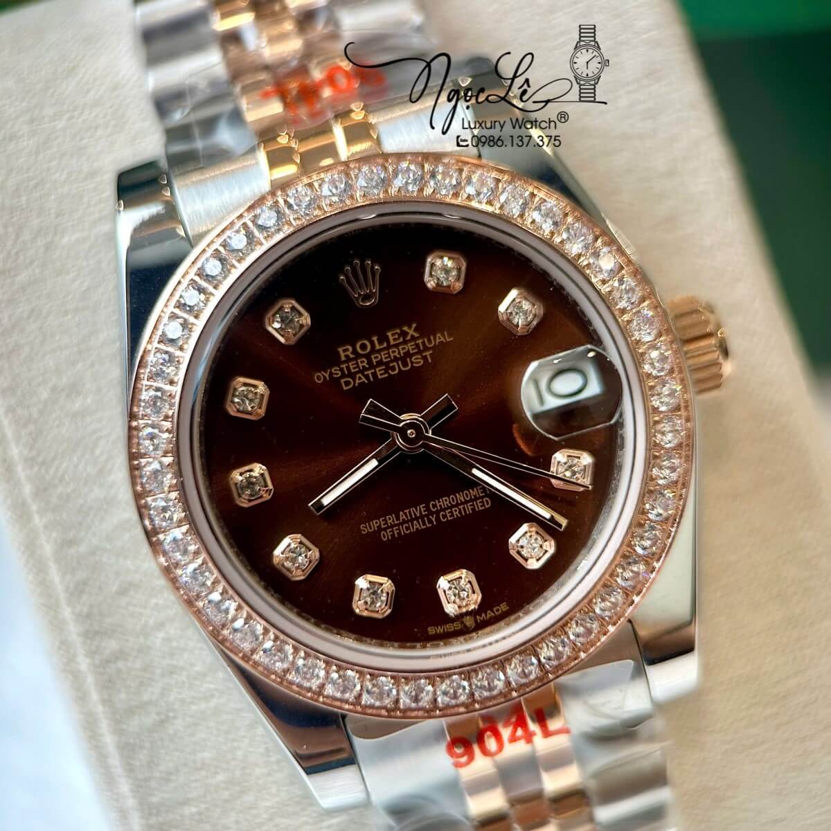Đồng Hồ Rolex Datejust Nữ Tự Động Dây Kim Loại Demi Rose Mặt Nâu Đính Đá Size 31mm