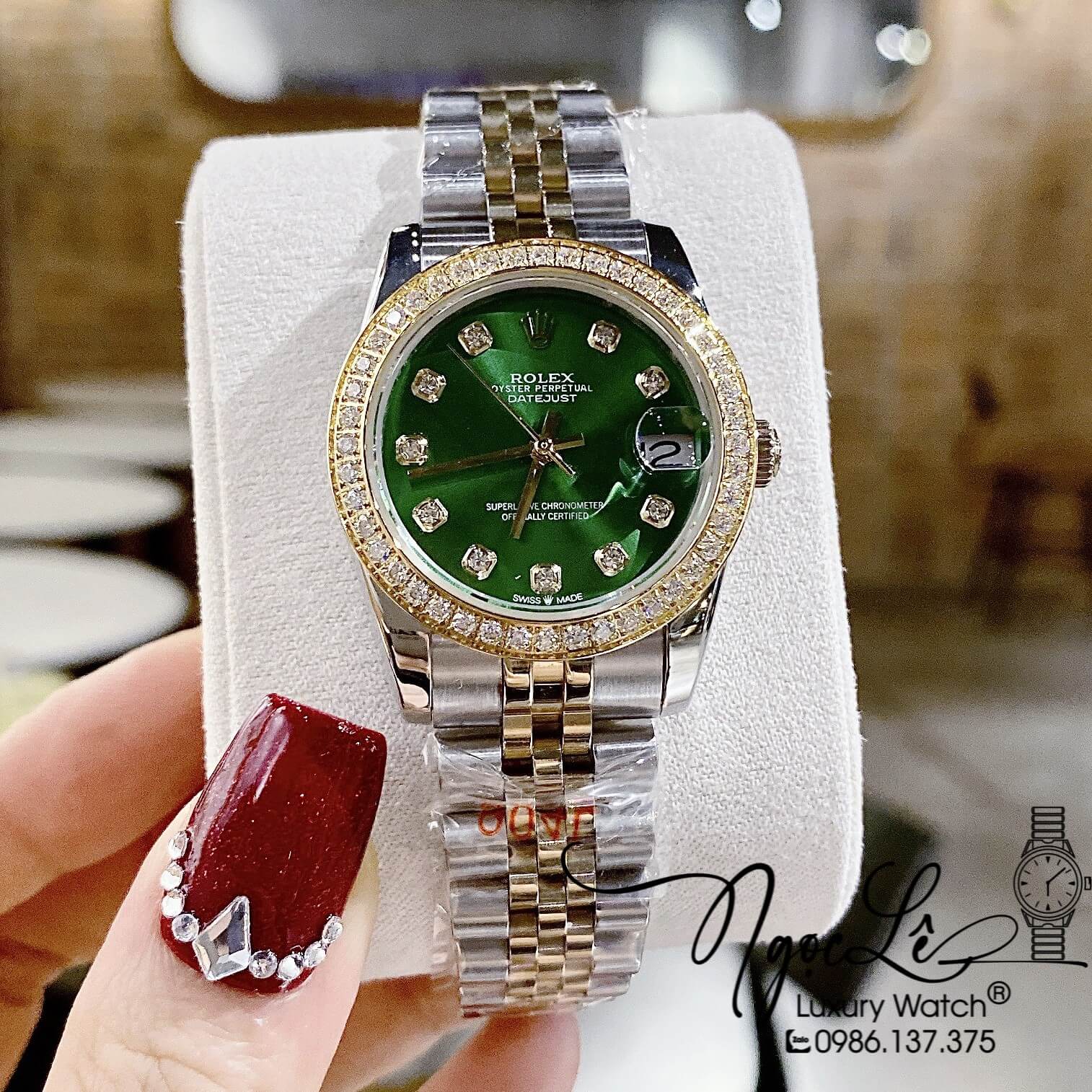 Đồng Hồ Rolex Datejust Nữ Máy Cơ Tự Động Dây Kim Loại Demi Vàng Mặt Xanh Đính Đá Size 31mm