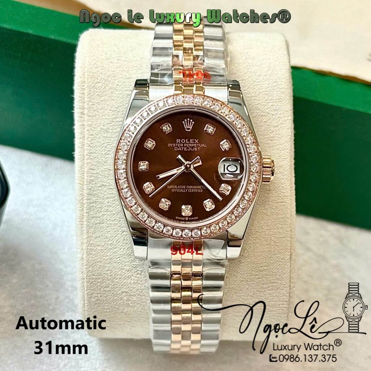 Đồng Hồ Rolex Datejust Nữ Tự Động Dây Kim Loại Demi Rose Mặt Nâu Đính Đá Size 31mm