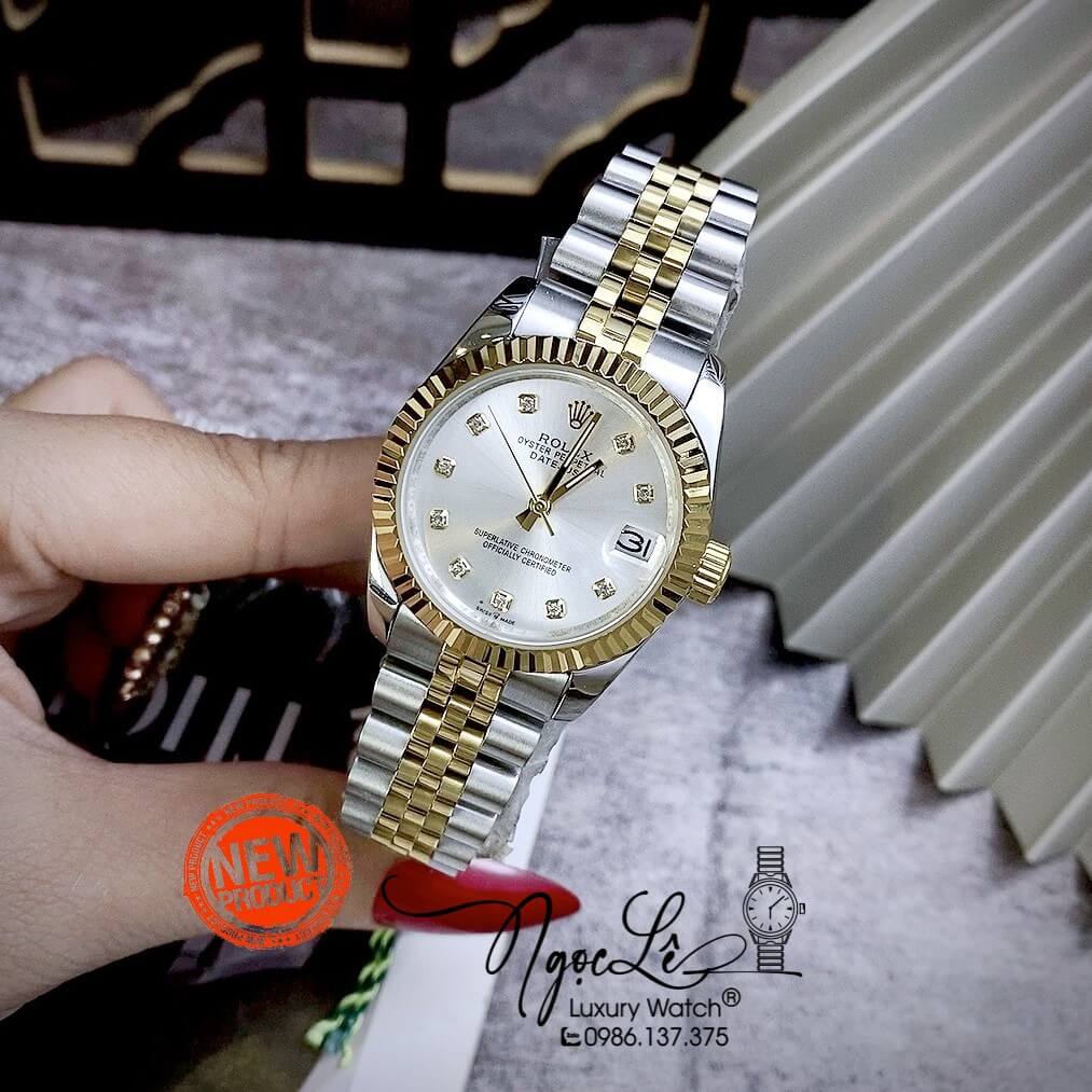 Đồng Hồ Nữ Rolex Datejust Automatic Dây Kim Loại Demi Vàng Mặt Trắng Niềng Khía Size 31mm