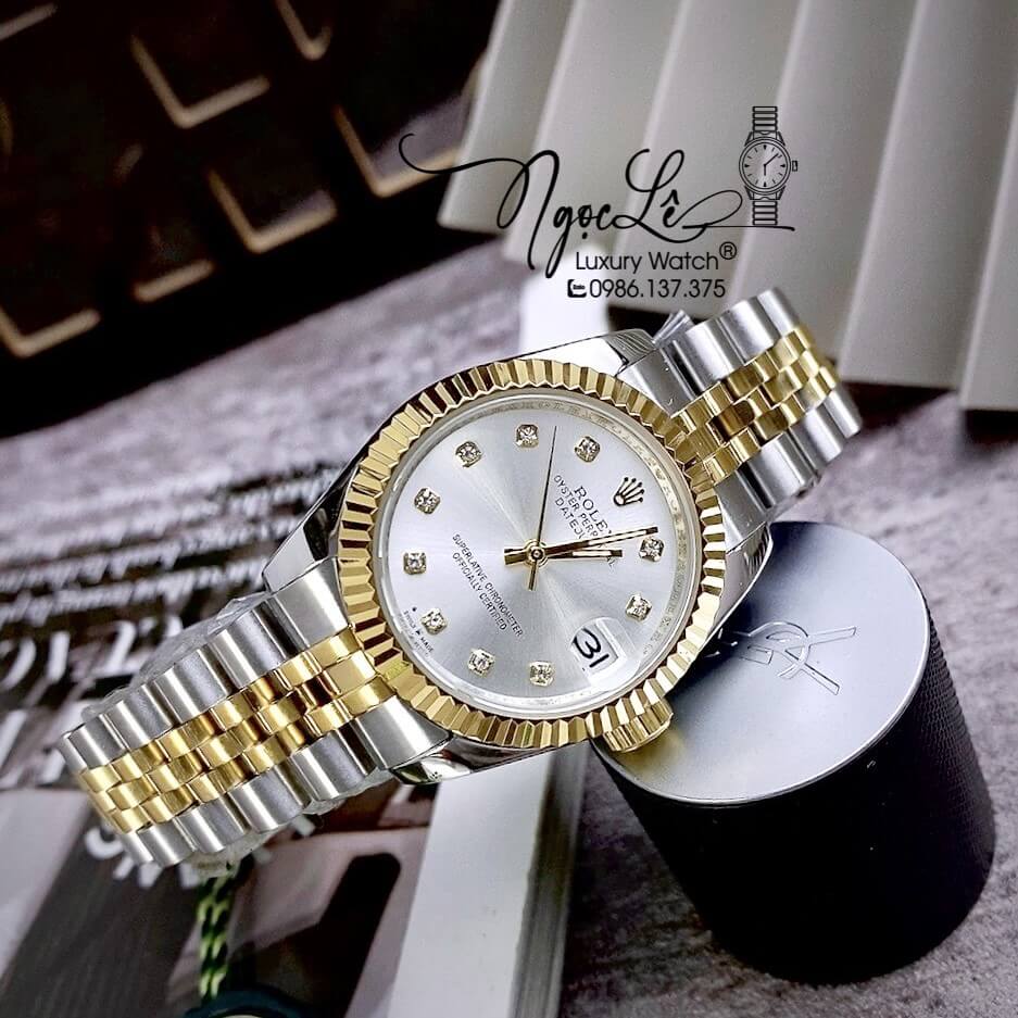 Đồng Hồ Nữ Rolex Datejust Automatic Dây Kim Loại Demi Vàng Mặt Trắng Niềng Khía Size 31mm