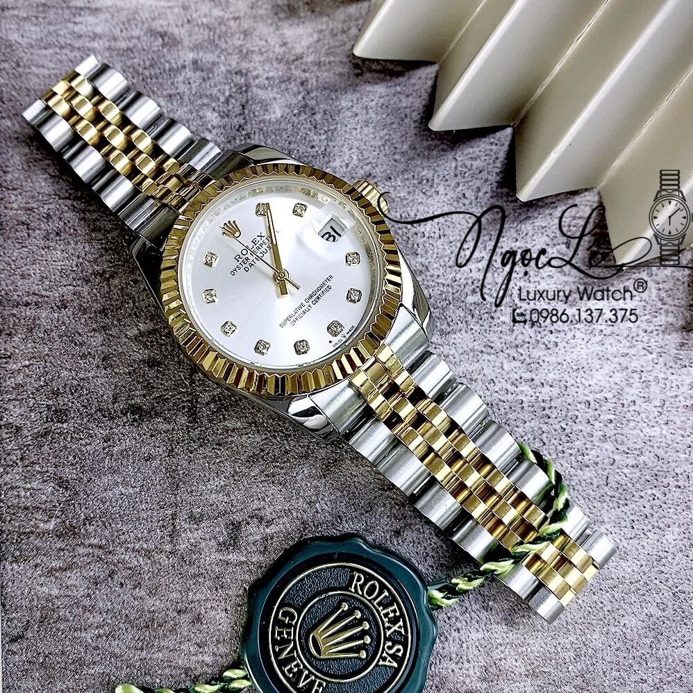 Đồng Hồ Nữ Rolex Datejust Automatic Dây Kim Loại Demi Vàng Mặt Trắng Niềng Khía Size 31mm