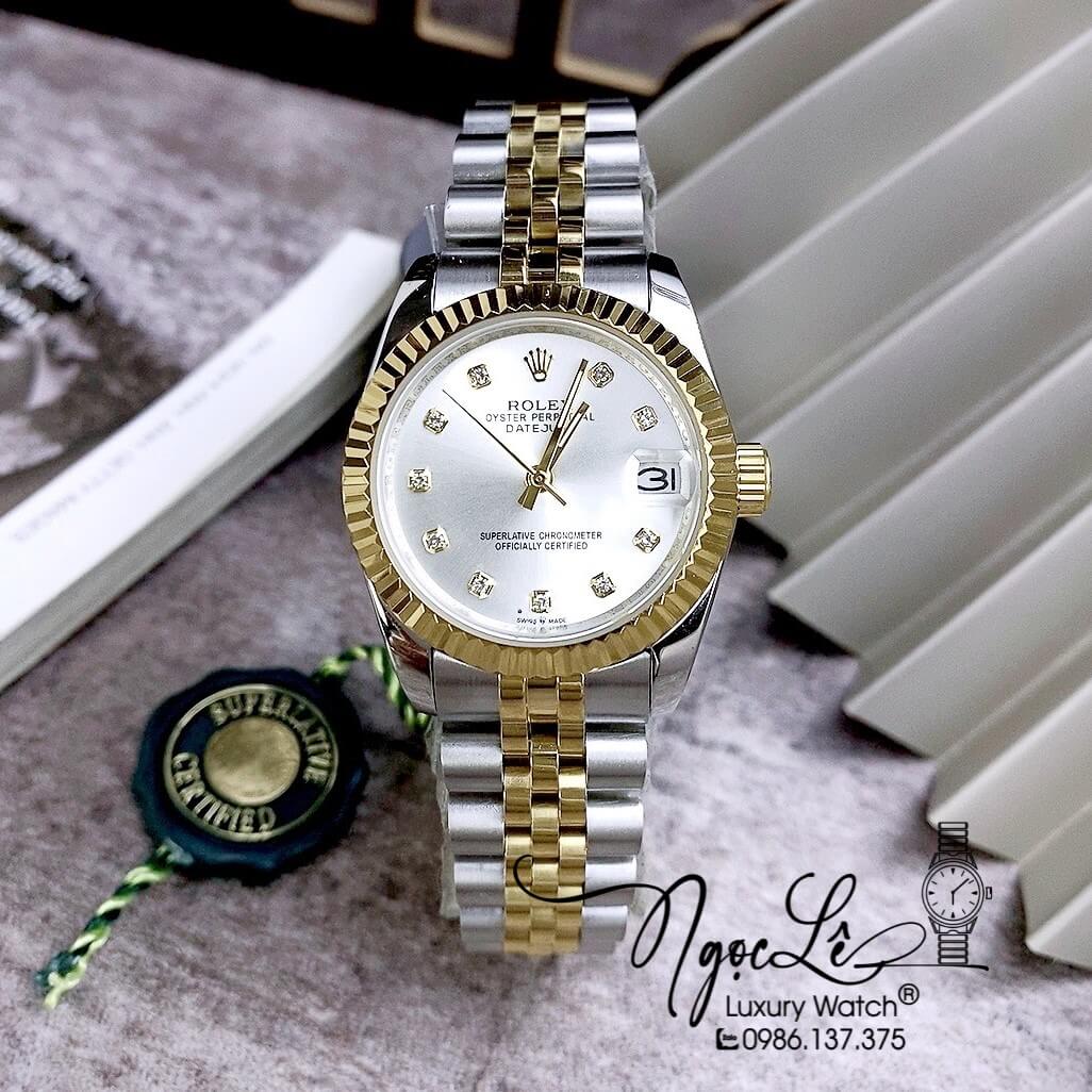 Đồng Hồ Nữ Rolex Datejust Automatic Dây Kim Loại Demi Vàng Mặt Trắng Niềng Khía Size 31mm