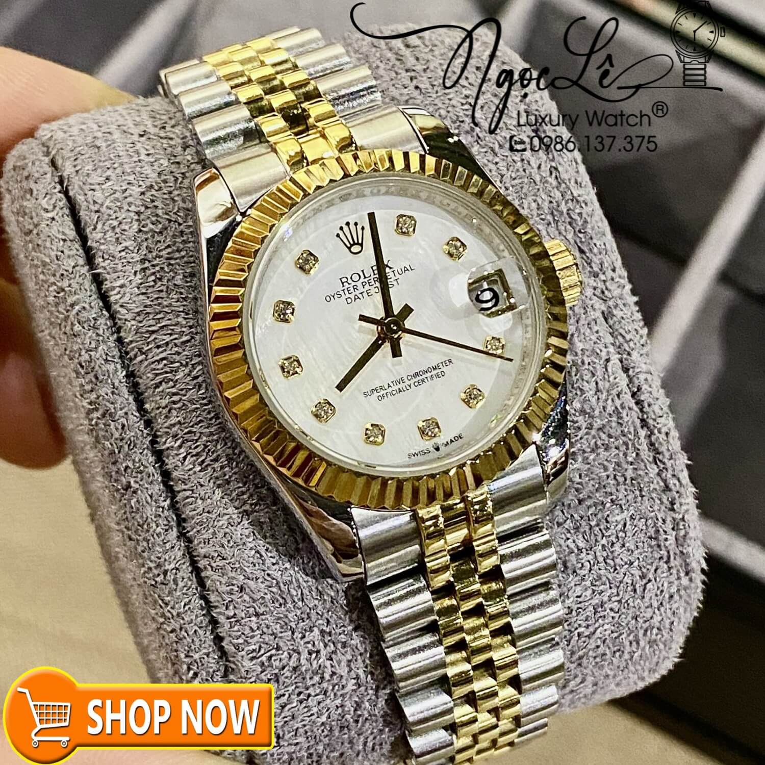 Đồng Hồ Nữ Rolex Datejust Automatic Dây Kim Loại Demi Vàng Mặt Trắng Xà Cừ Niềng Khía Size 31mm