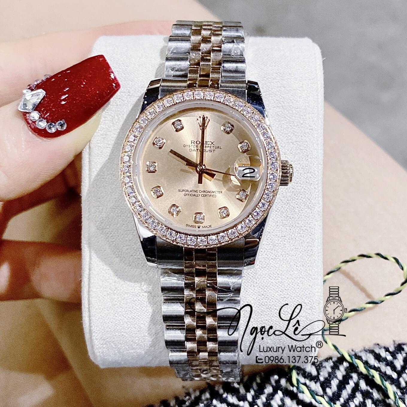 Đồng Hồ Rolex Datejust Nữ Máy Cơ Tự Động Dây Kim Loại Demi Mặt Rose Gold Đính Đá Size 31mm