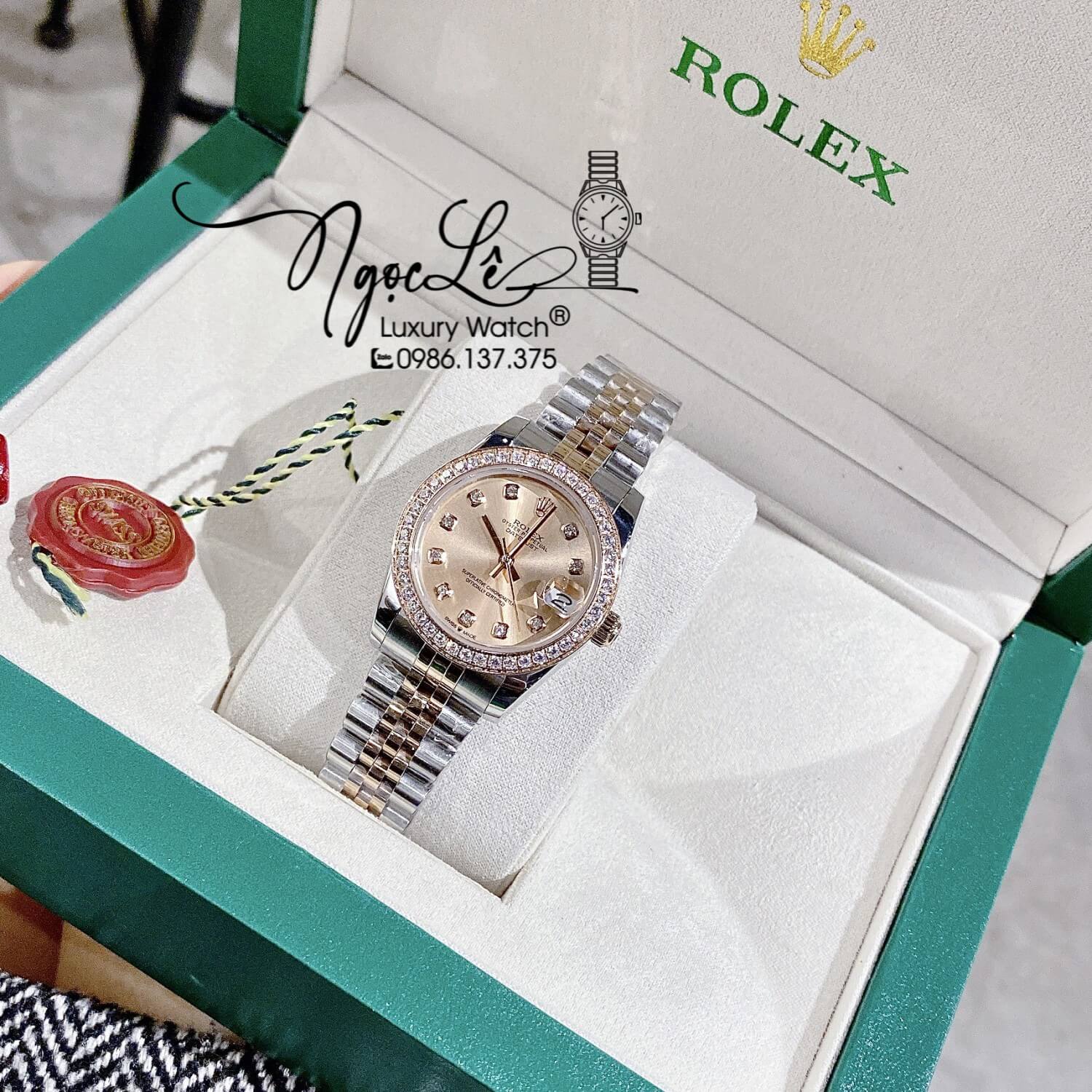 Đồng Hồ Rolex Datejust Nữ Máy Cơ Tự Động Dây Kim Loại Demi Mặt Rose Gold Đính Đá Size 31mm