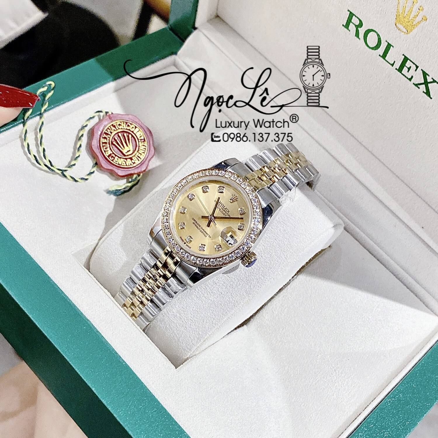 Đồng Hồ Rolex Datejust Nữ Máy Cơ Tự Động Dây Kim Loại Demi Mặt Vàng Đính Đá Size 31mm