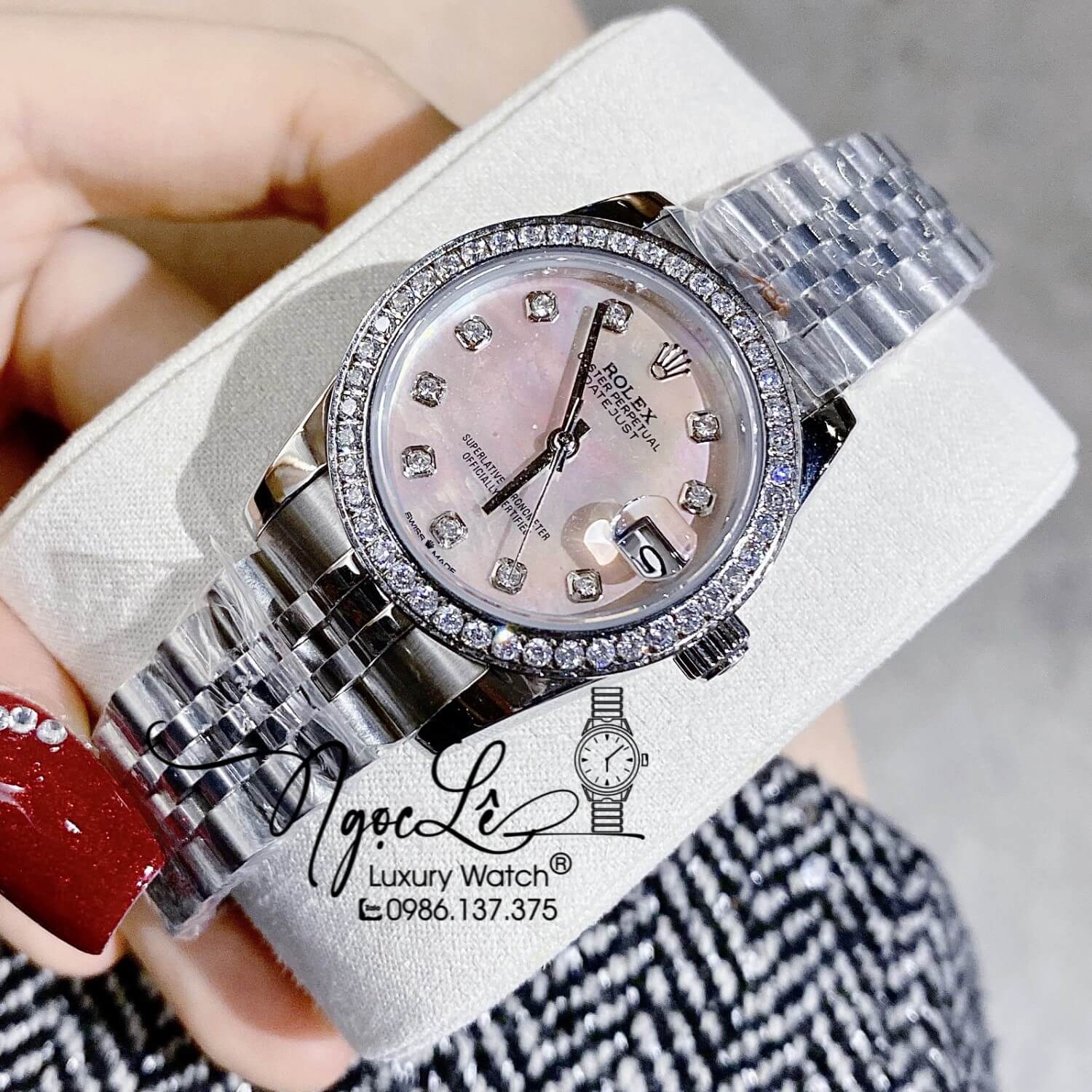 Đồng Hồ Rolex Datejust Nữ Máy Cơ Tự Động Dây Kim Loại Bạc Mặt Hồng Xà Cừ Đính Đá Size 31mm