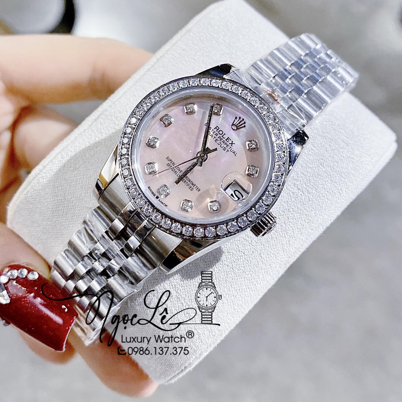 Đồng Hồ Rolex Datejust Nữ Máy Cơ Tự Động Dây Kim Loại Bạc Mặt Hồng Xà Cừ Đính Đá Size 31mm