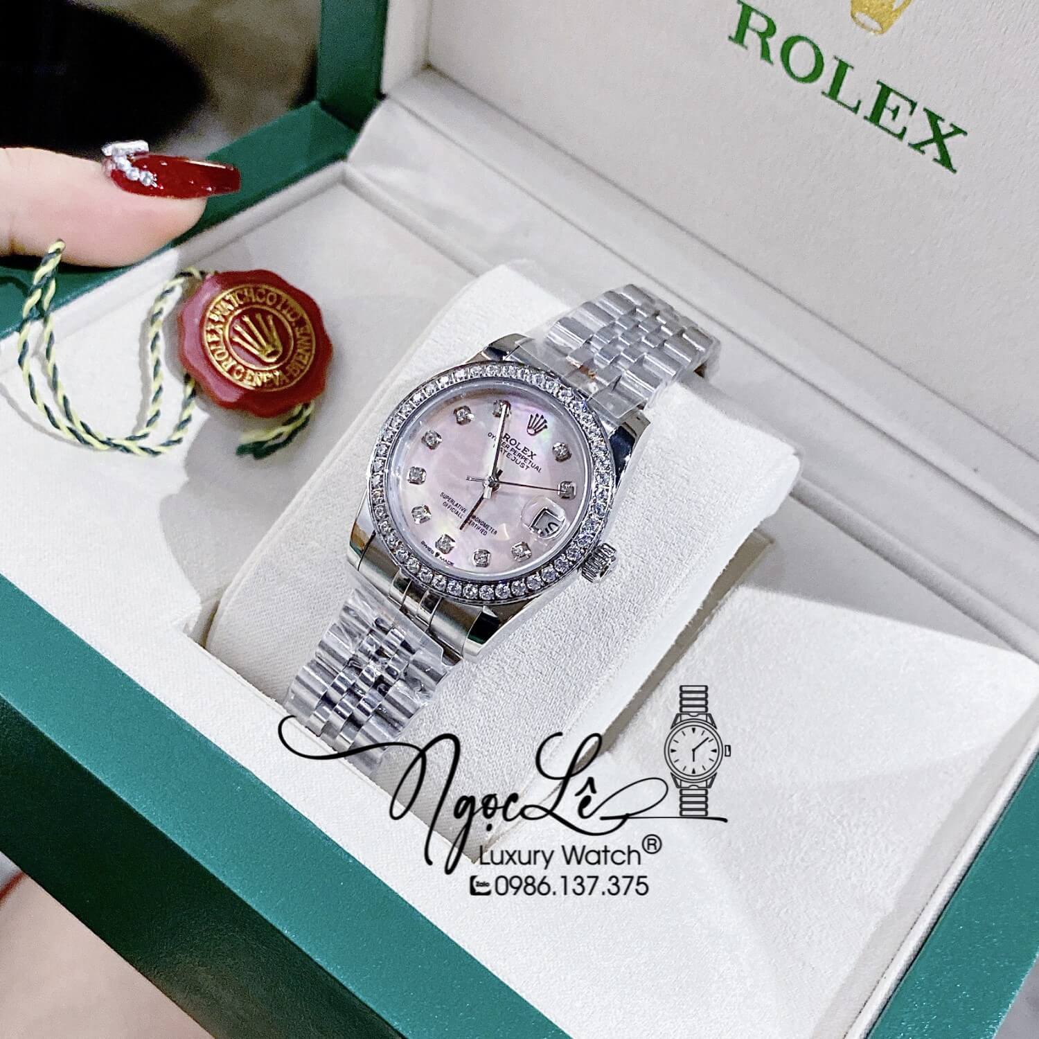 Đồng Hồ Rolex Datejust Nữ Máy Cơ Tự Động Dây Kim Loại Bạc Mặt Hồng Xà Cừ Đính Đá Size 31mm