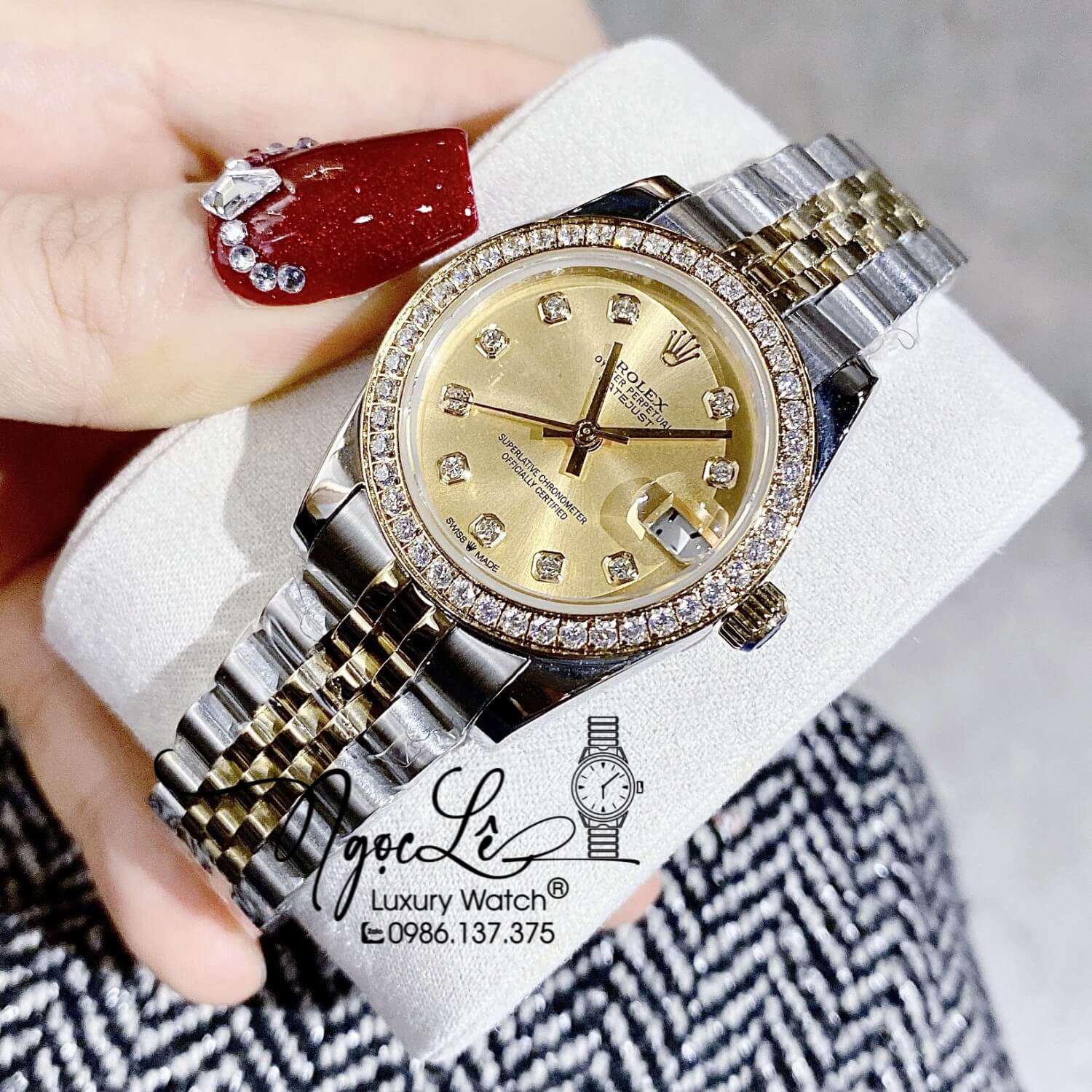 Đồng Hồ Rolex Datejust Nữ Máy Cơ Tự Động Dây Kim Loại Demi Mặt Vàng Đính Đá Size 31mm