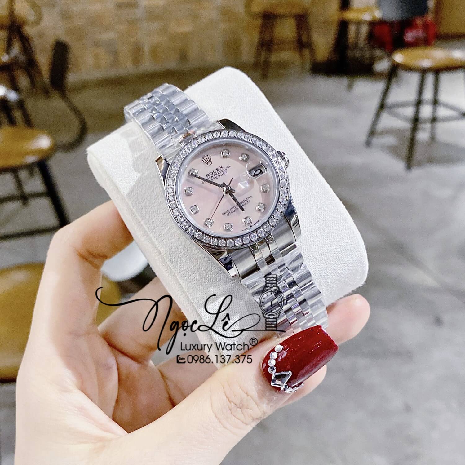 Đồng Hồ Rolex Datejust Nữ Máy Cơ Tự Động Dây Kim Loại Bạc Mặt Hồng Xà Cừ Đính Đá Size 31mm