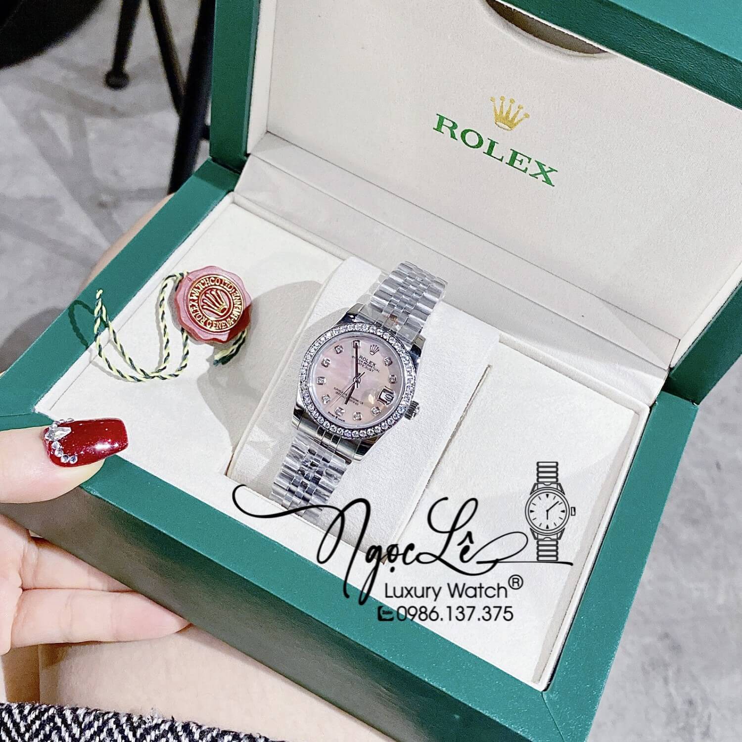 Đồng Hồ Rolex Datejust Nữ Máy Cơ Tự Động Dây Kim Loại Bạc Mặt Hồng Xà Cừ Đính Đá Size 31mm