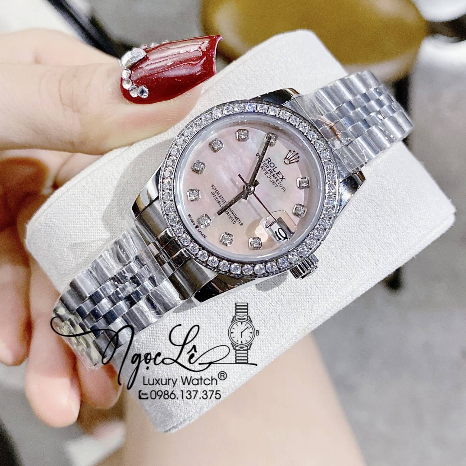 Đồng Hồ Rolex Datejust Nữ Máy Cơ Tự Động Dây Kim Loại Bạc Mặt Hồng Xà Cừ Đính Đá Size 31mm