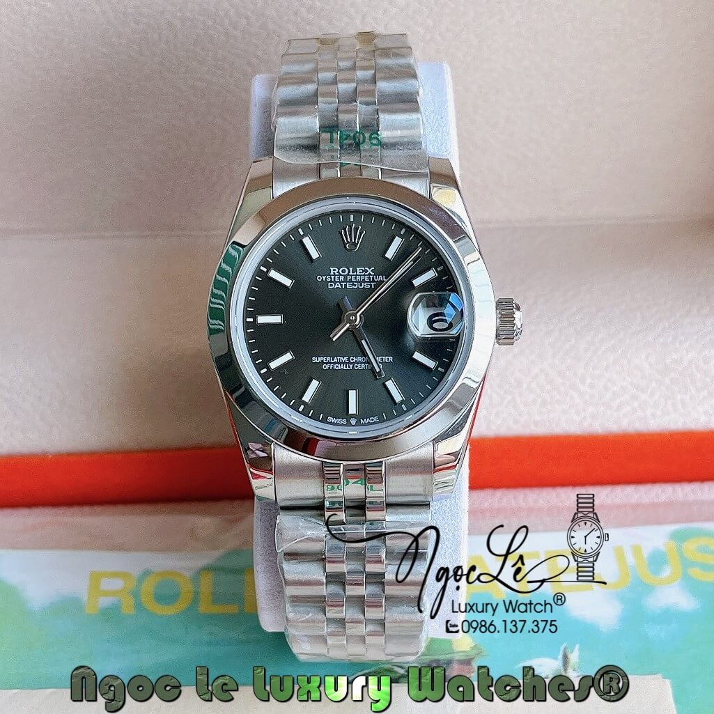 Đồng Hồ Rolex Datejust Automatic Nữ Màu Bạc Mặt Xám Đen Niềng Trơn Size 31mm
