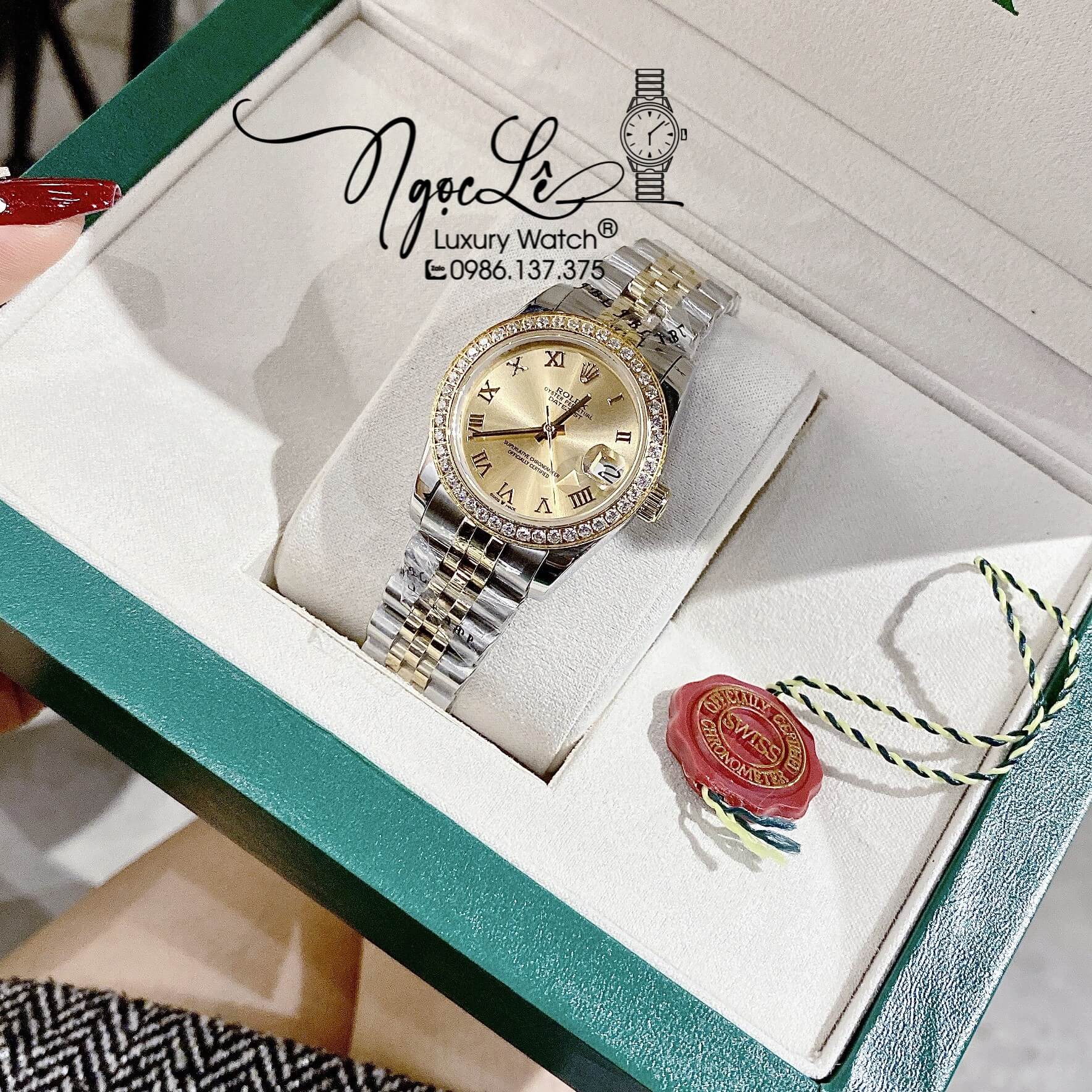 Đồng Hồ Rolex Datejust Nữ Máy Cơ Tự Động Dây Kim Loại Demi Vàng Mặt Vàng Đính Đá Size 31mm