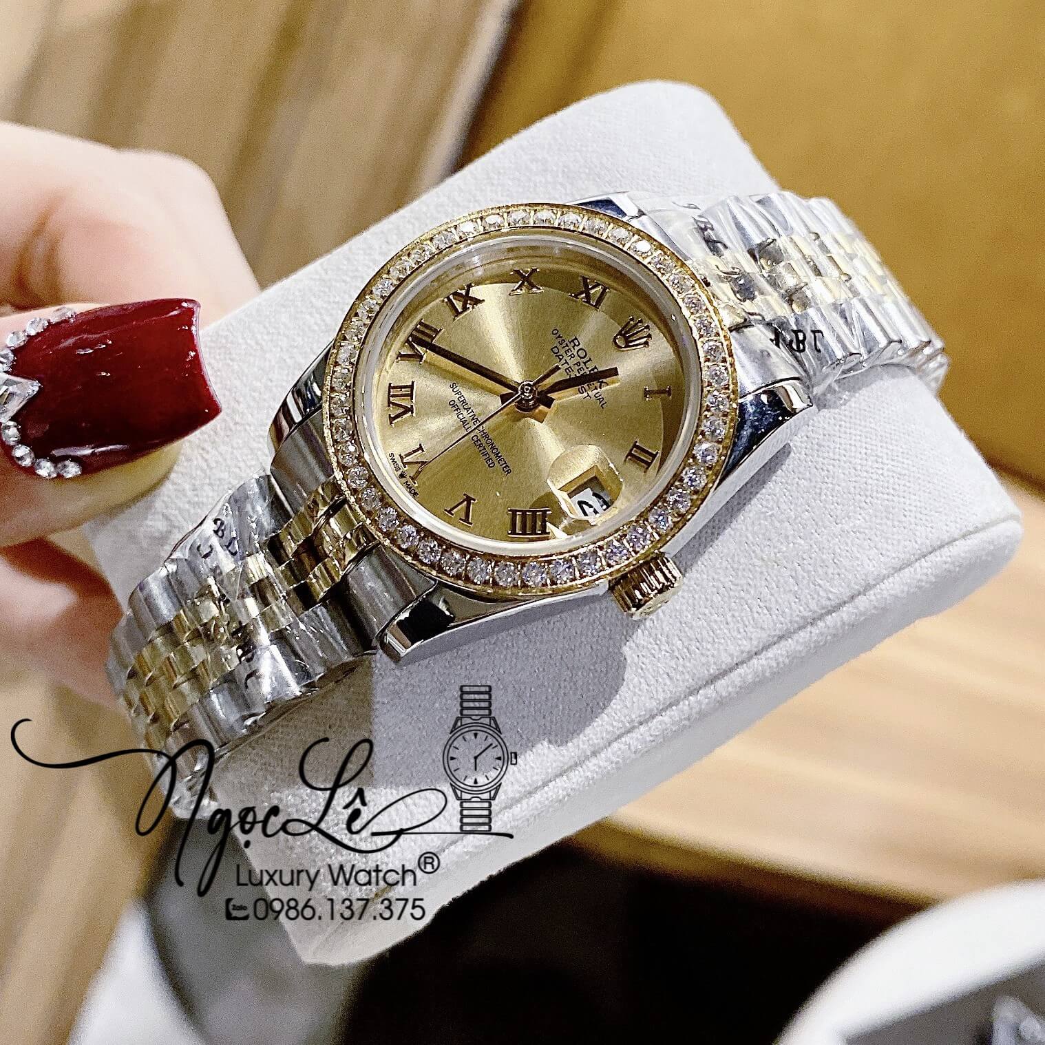 Đồng Hồ Rolex Datejust Nữ Máy Cơ Tự Động Dây Kim Loại Demi Vàng Mặt Vàng Đính Đá Size 31mm