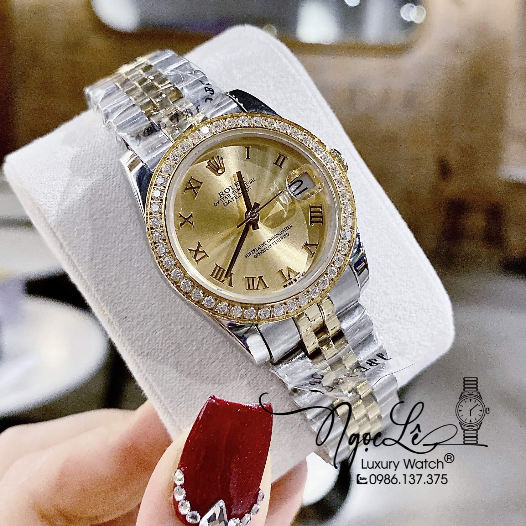 Đồng Hồ Rolex Datejust Nữ Máy Cơ Tự Động Dây Kim Loại Demi Vàng Mặt Vàng Đính Đá Size 31mm