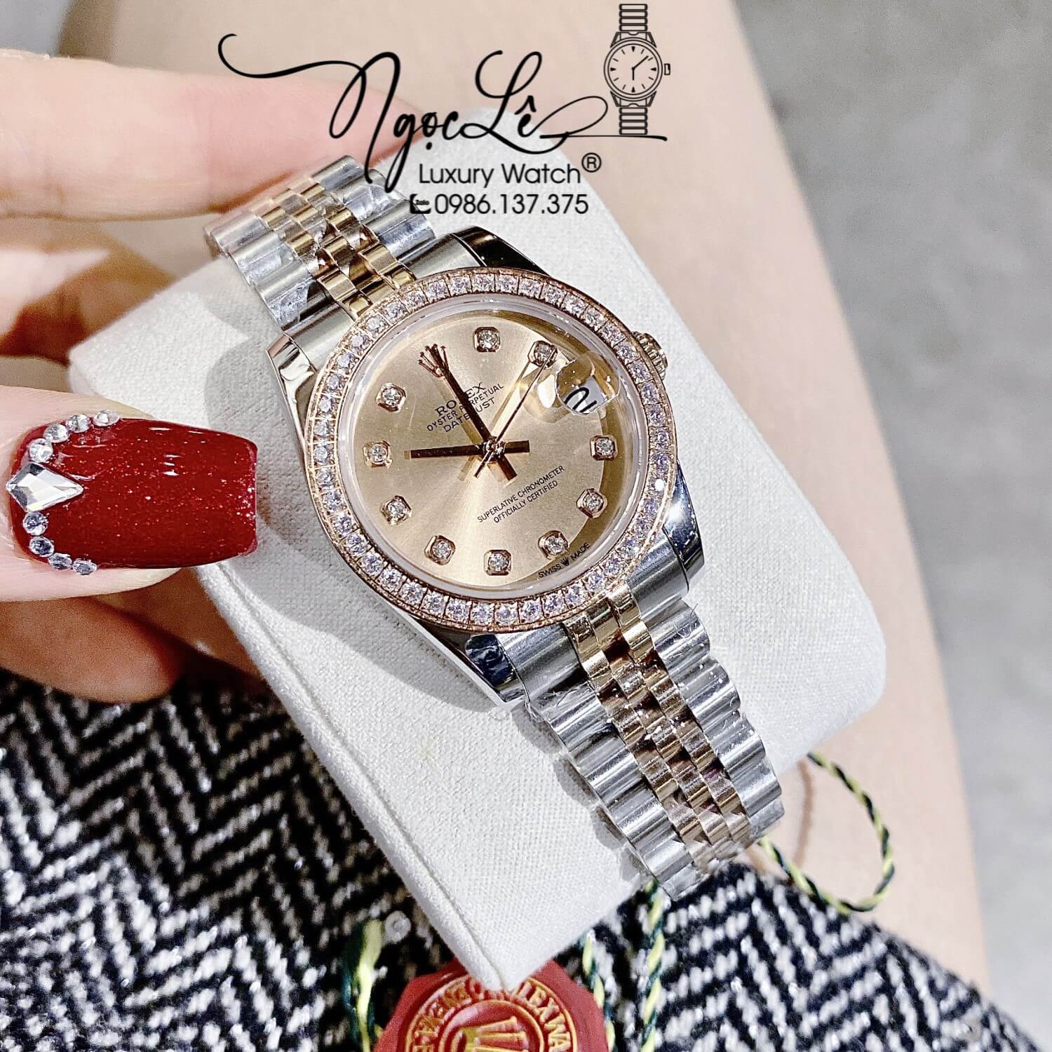 Đồng Hồ Rolex Datejust Nữ Máy Cơ Tự Động Dây Kim Loại Demi Mặt Rose Gold Đính Đá Size 31mm