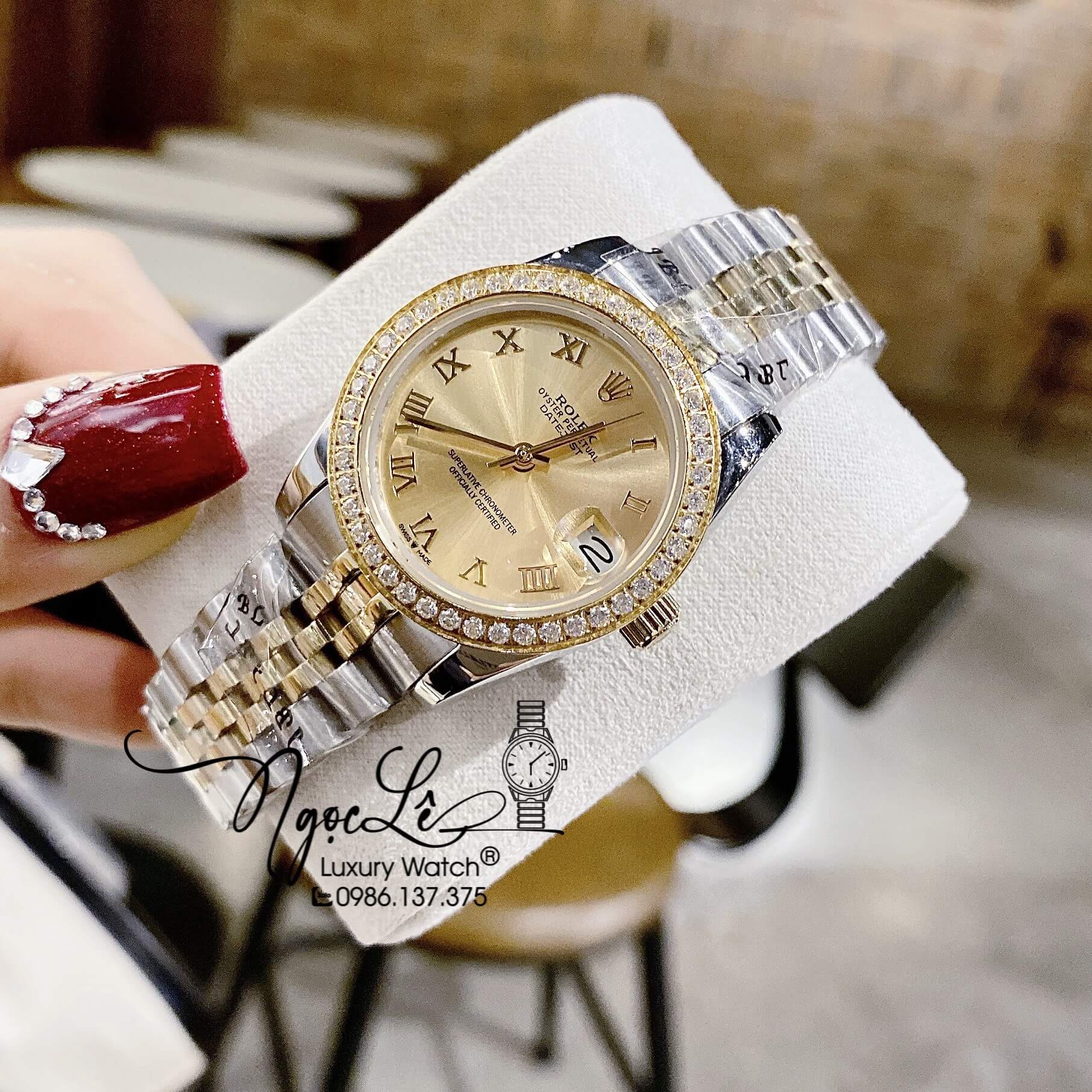 Đồng Hồ Rolex Datejust Nữ Máy Cơ Tự Động Dây Kim Loại Demi Vàng Mặt Vàng Đính Đá Size 31mm