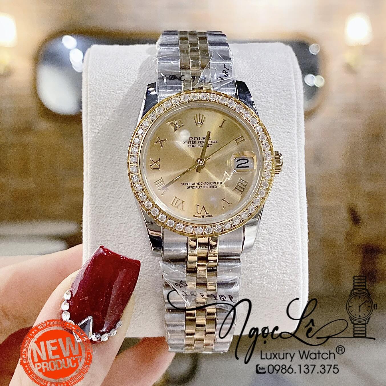 Đồng Hồ Rolex Datejust Nữ Máy Cơ Tự Động Dây Kim Loại Demi Vàng Mặt Vàng Đính Đá Size 31mm