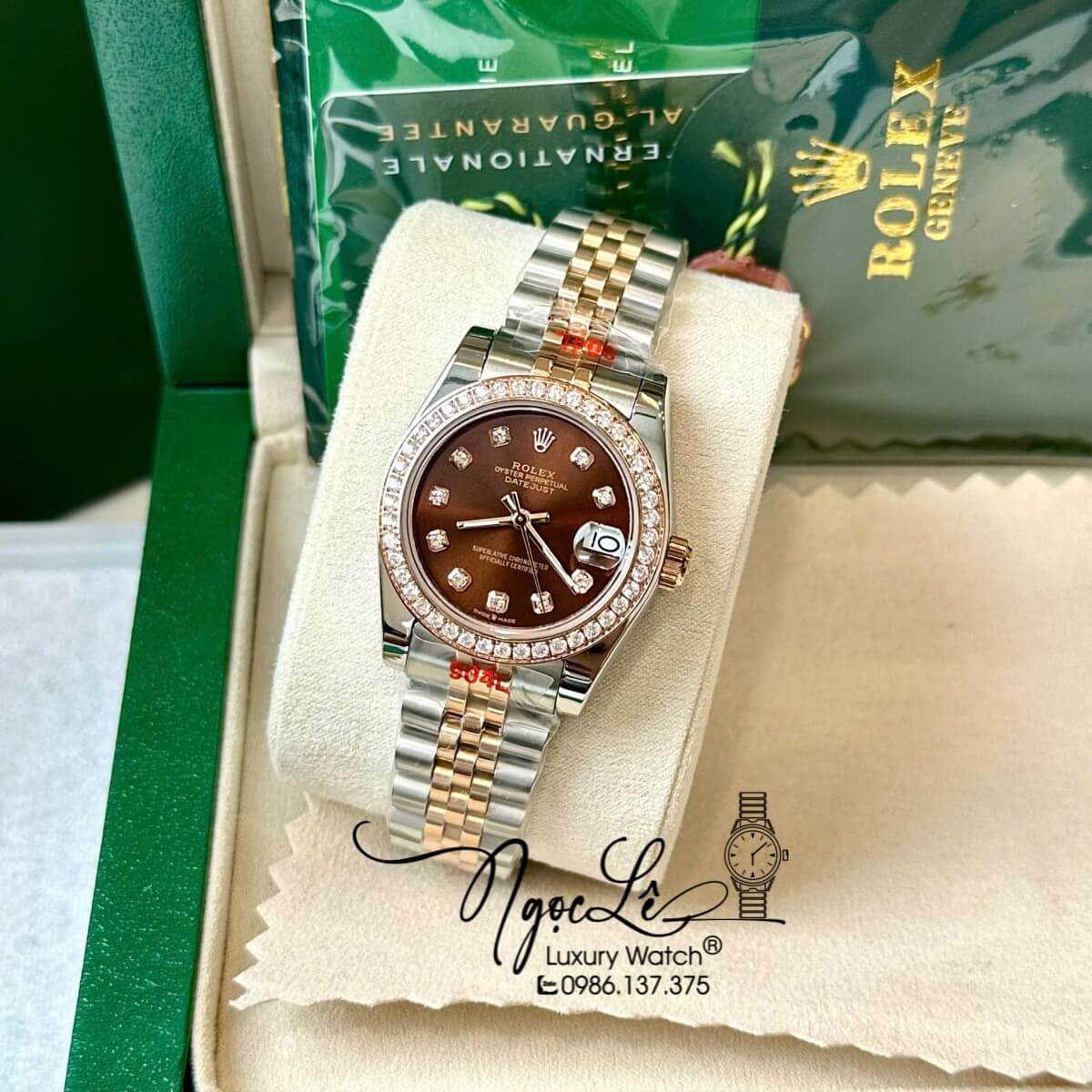 Đồng Hồ Rolex Datejust Nữ Tự Động Dây Kim Loại Demi Rose Mặt Nâu Đính Đá Size 31mm