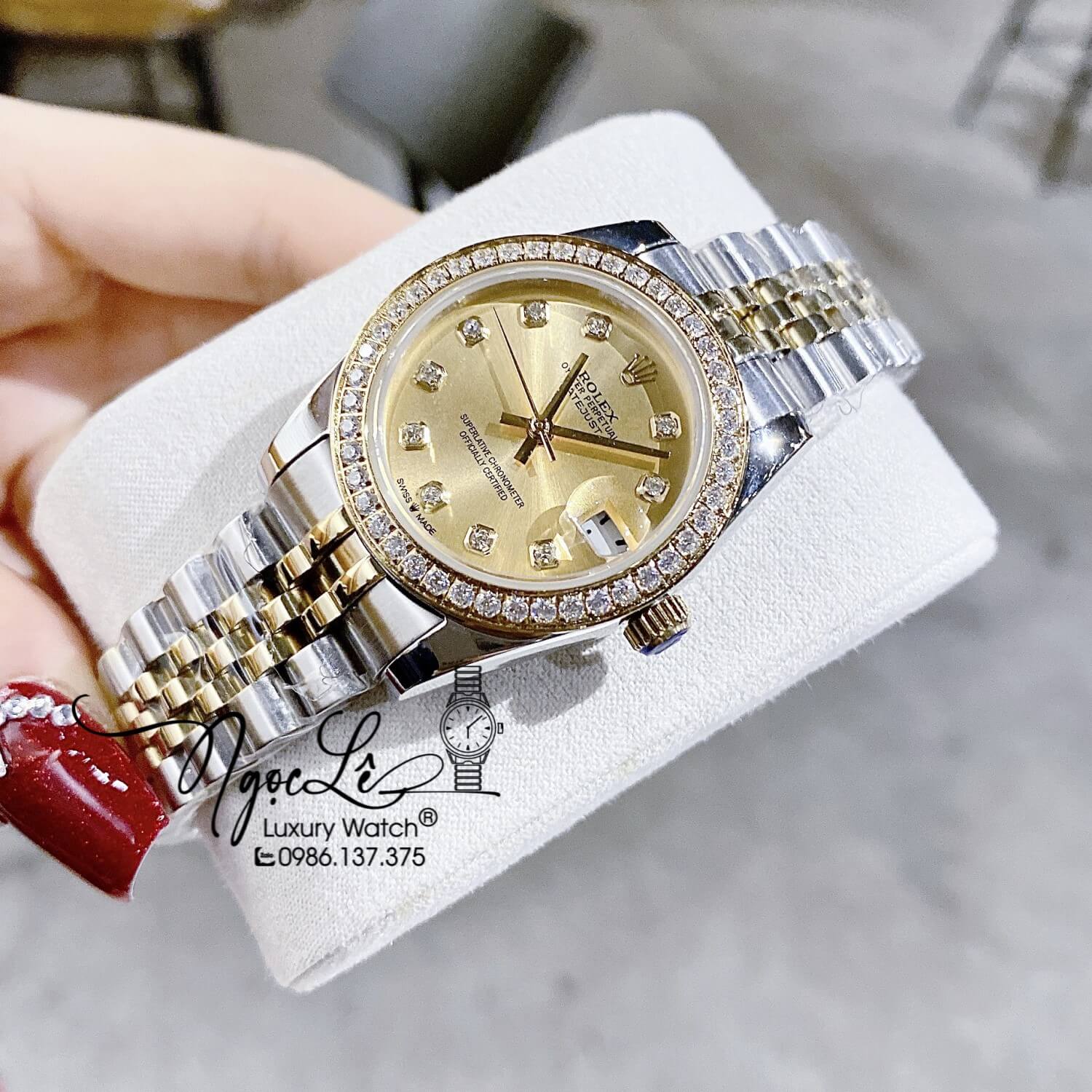 Đồng Hồ Rolex Datejust Nữ Máy Cơ Tự Động Dây Kim Loại Demi Mặt Vàng Đính Đá Size 31mm