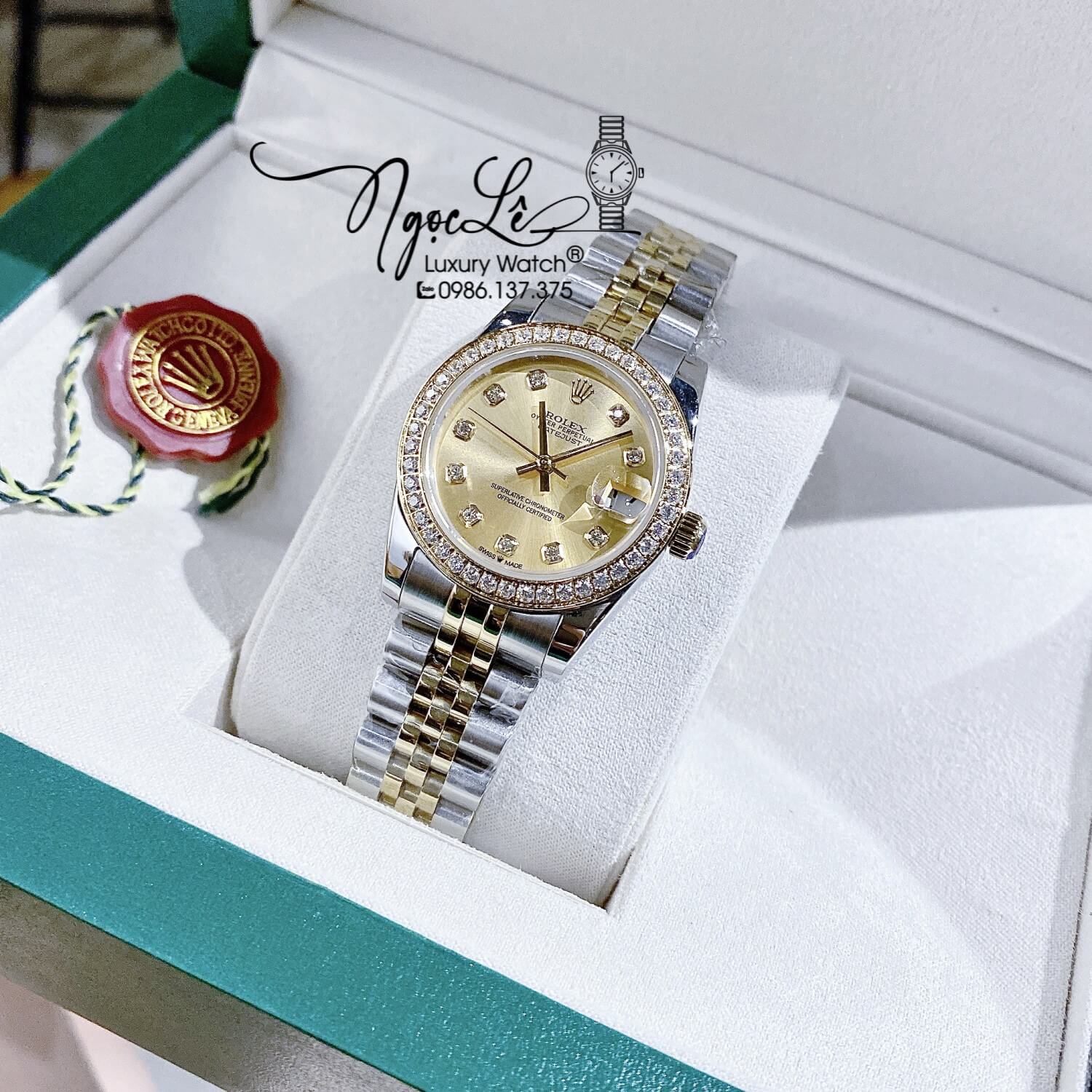 Đồng Hồ Rolex Datejust Nữ Máy Cơ Tự Động Dây Kim Loại Demi Mặt Vàng Đính Đá Size 31mm