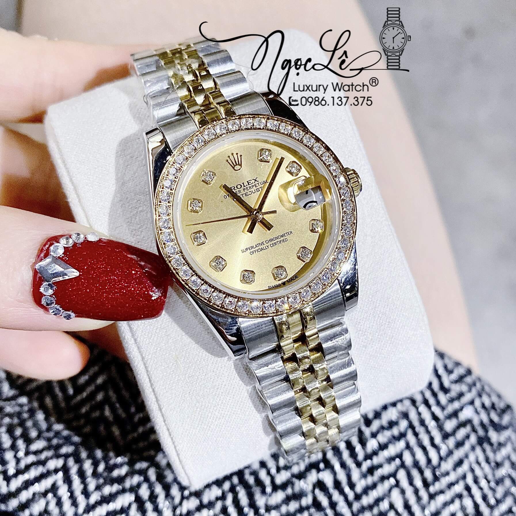 Đồng Hồ Rolex Datejust Nữ Máy Cơ Tự Động Dây Kim Loại Demi Mặt Vàng Đính Đá Size 31mm