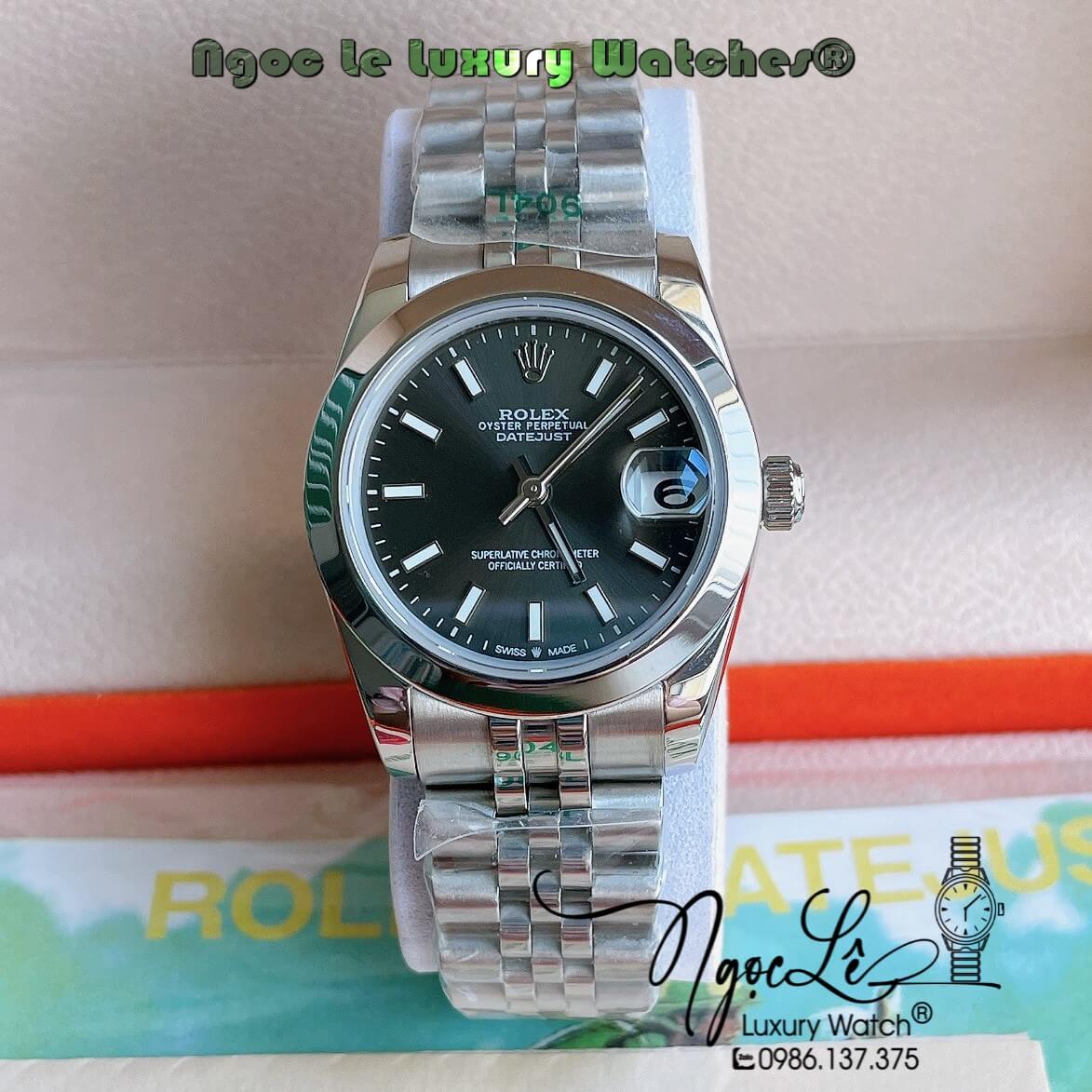 Đồng Hồ Rolex Datejust Automatic Nữ Màu Bạc Mặt Xám Đen Niềng Trơn Size 31mm