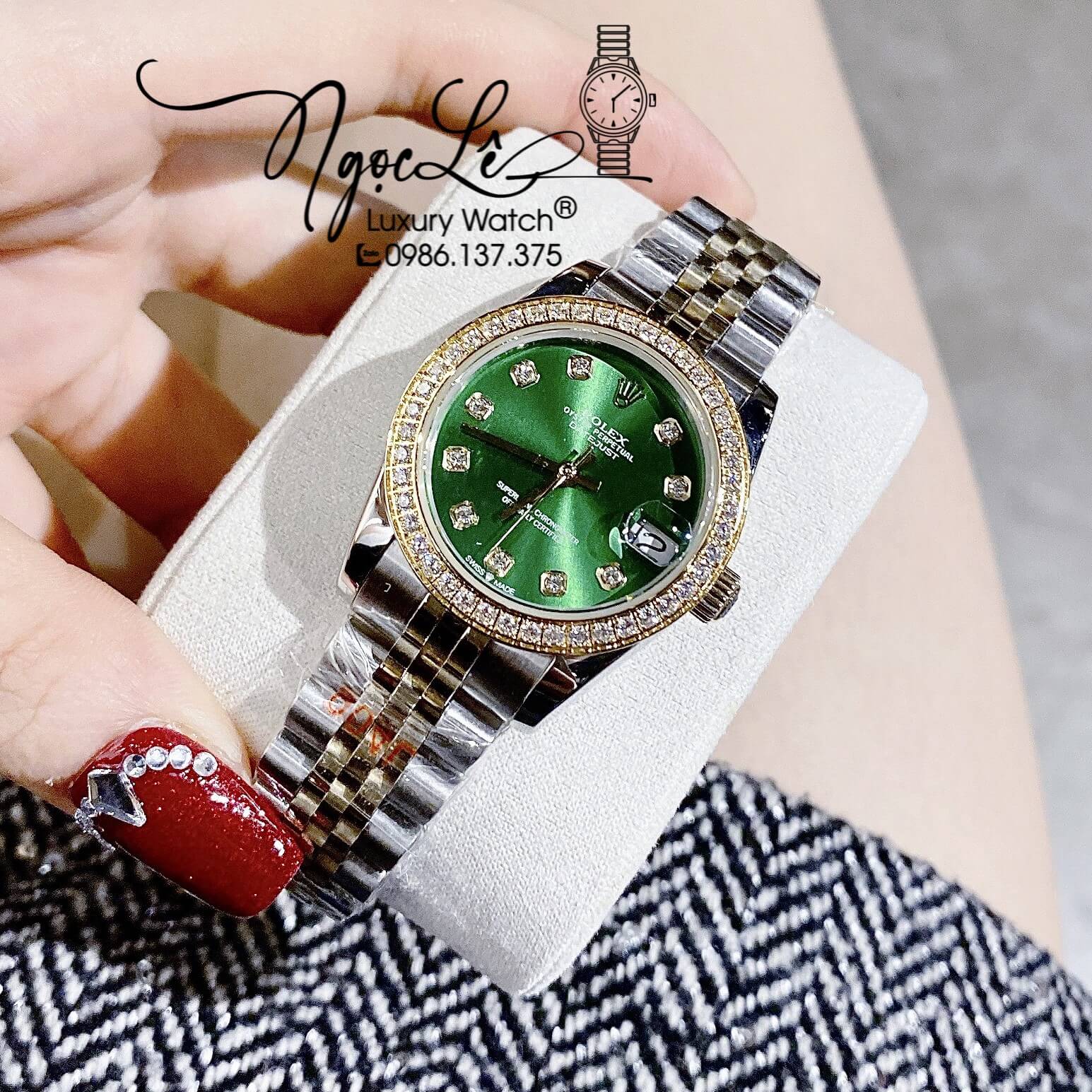 Đồng Hồ Rolex Datejust Nữ Máy Cơ Tự Động Dây Kim Loại Demi Vàng Mặt Xanh Đính Đá Size 31mm