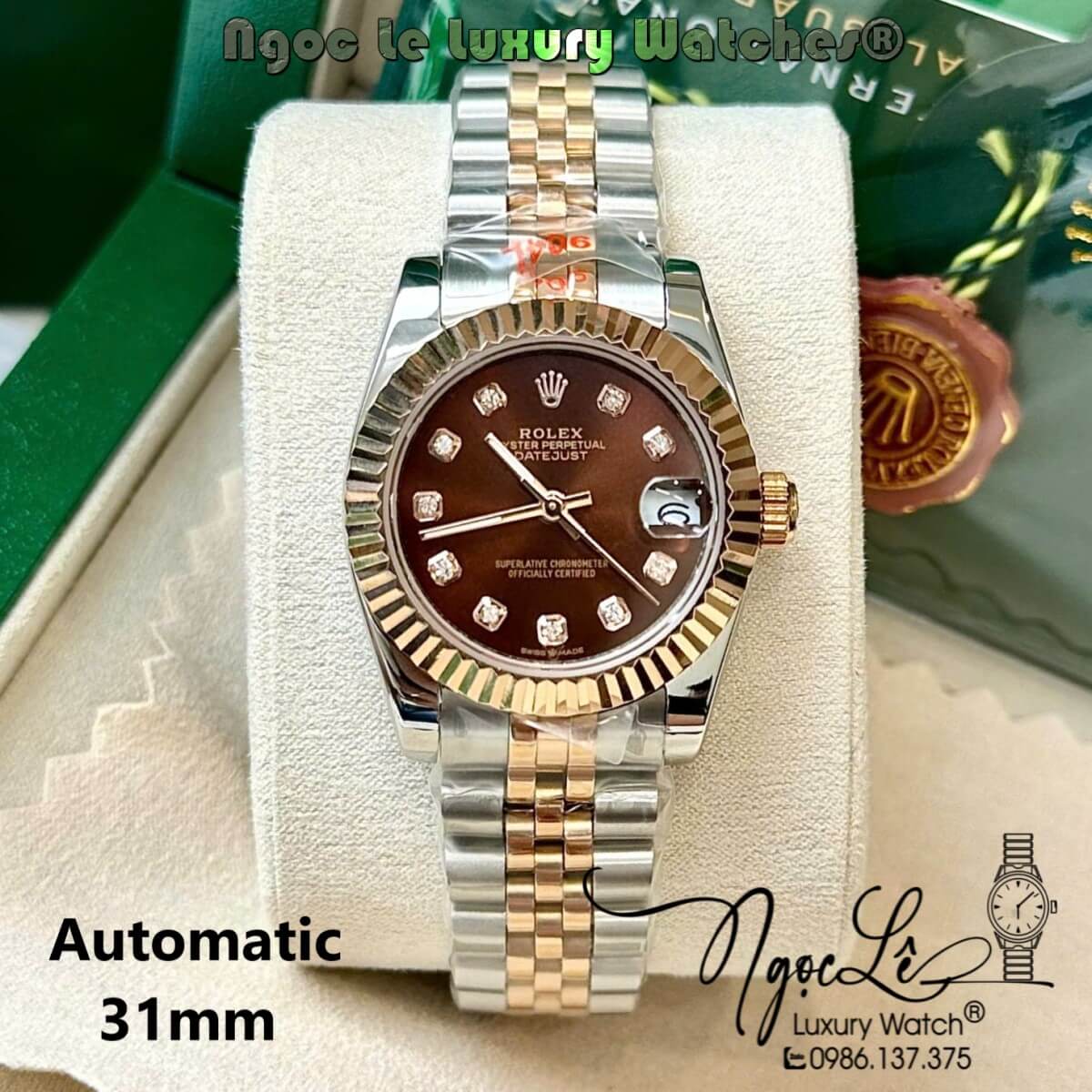 Đồng Hồ Rolex Datejust Nữ Tự Động Dây Kim Loại Demi Rose Mặt Nâu Niềng Khía Size 31mm