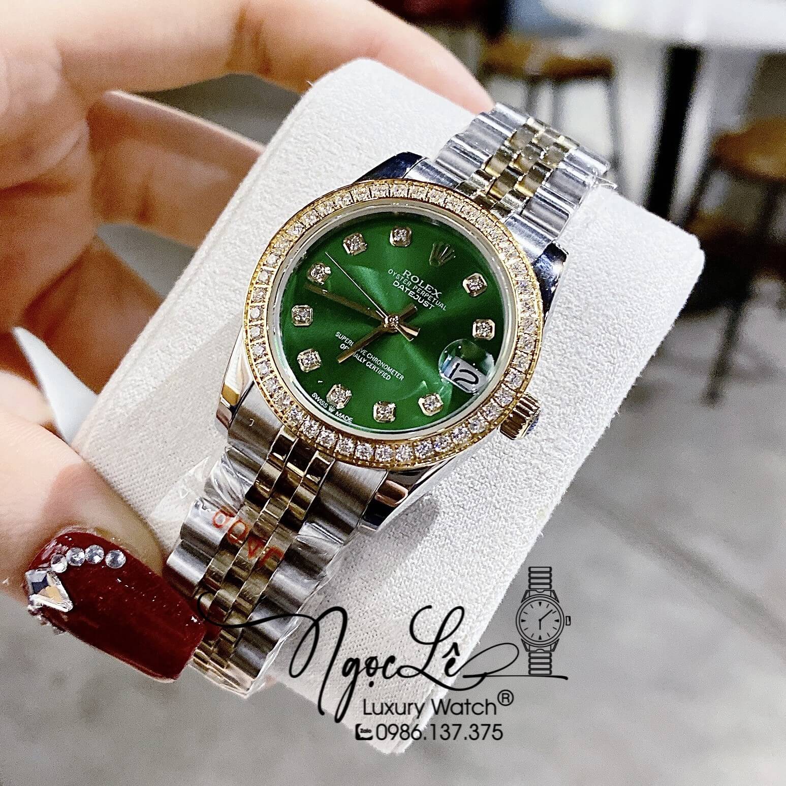 Đồng Hồ Rolex Datejust Nữ Máy Cơ Tự Động Dây Kim Loại Demi Vàng Mặt Xanh Đính Đá Size 31mm