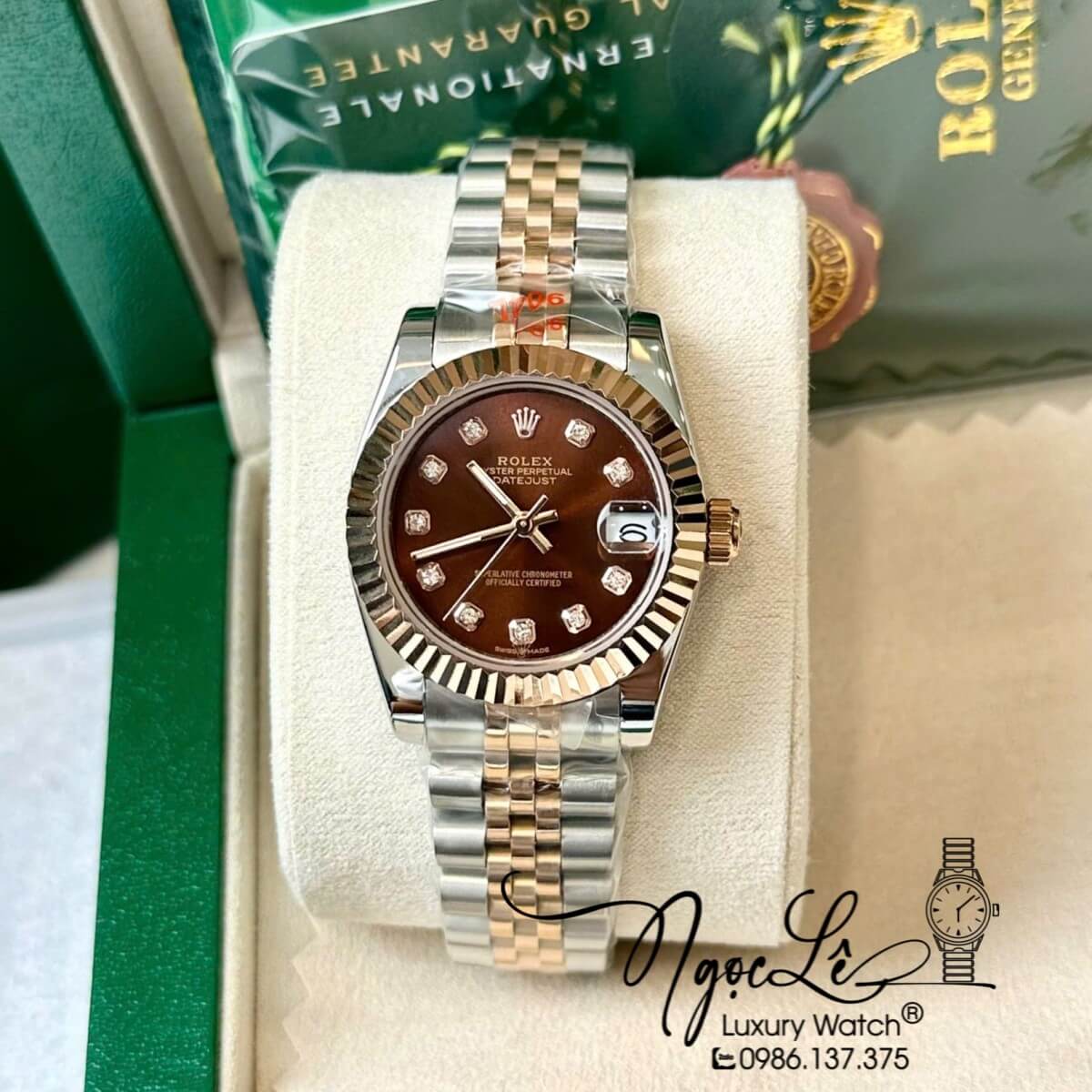 Đồng Hồ Rolex Datejust Nữ Tự Động Dây Kim Loại Demi Rose Mặt Nâu Niềng Khía Size 31mm