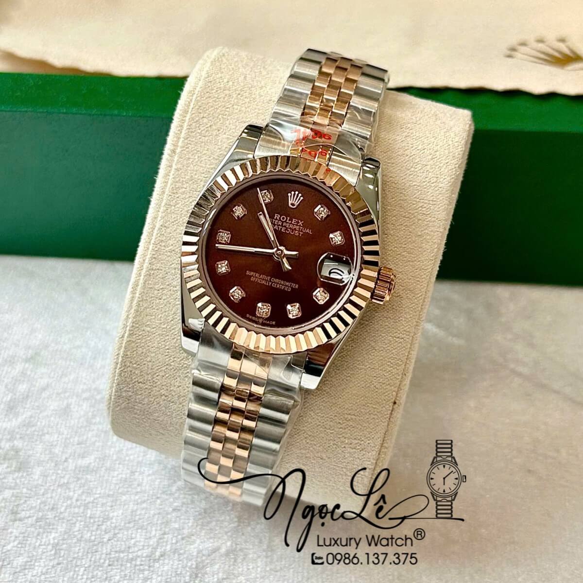 Đồng Hồ Rolex Datejust Nữ Tự Động Dây Kim Loại Demi Rose Mặt Nâu Niềng Khía Size 31mm