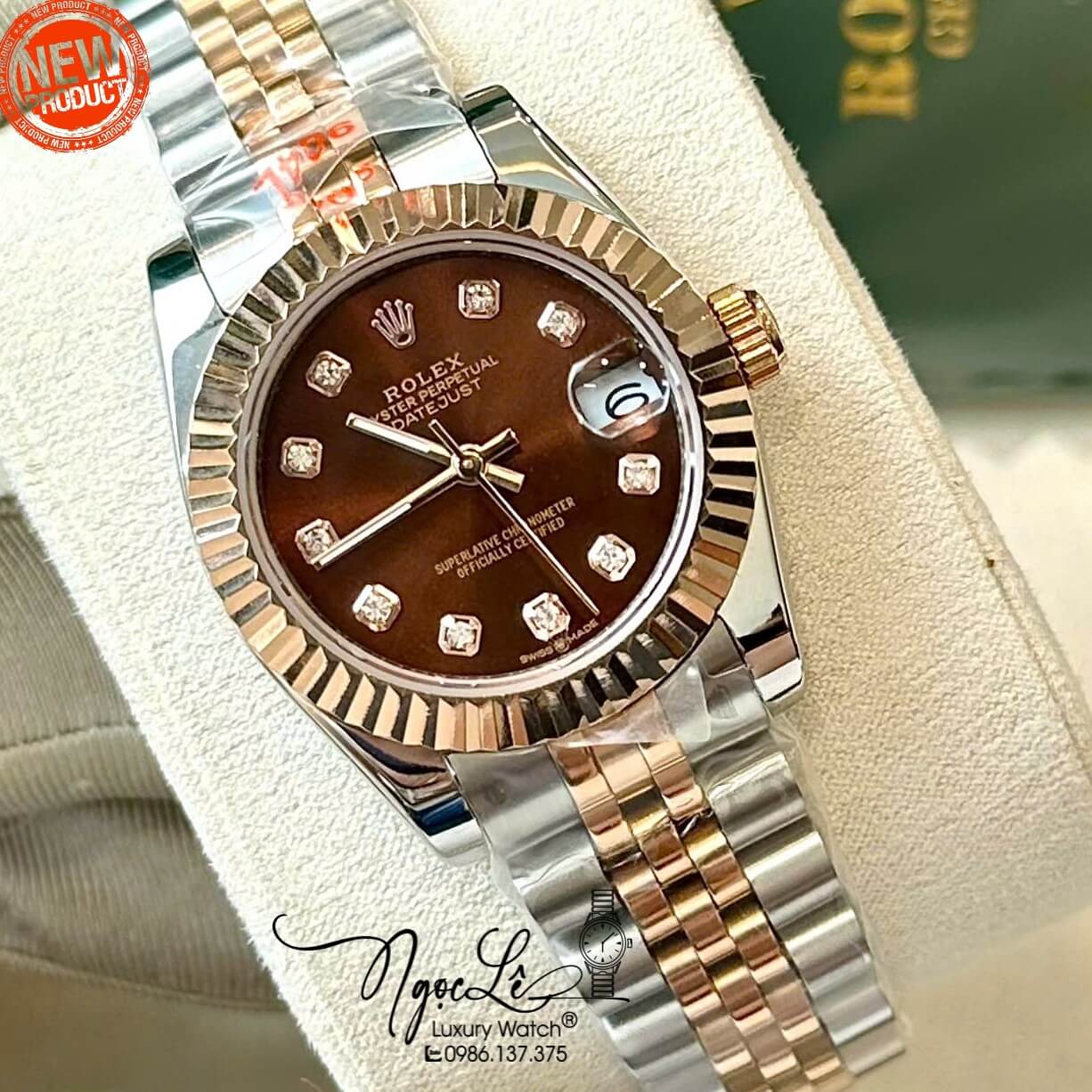 Đồng Hồ Rolex Datejust Nữ Tự Động Dây Kim Loại Demi Rose Mặt Nâu Niềng Khía Size 31mm